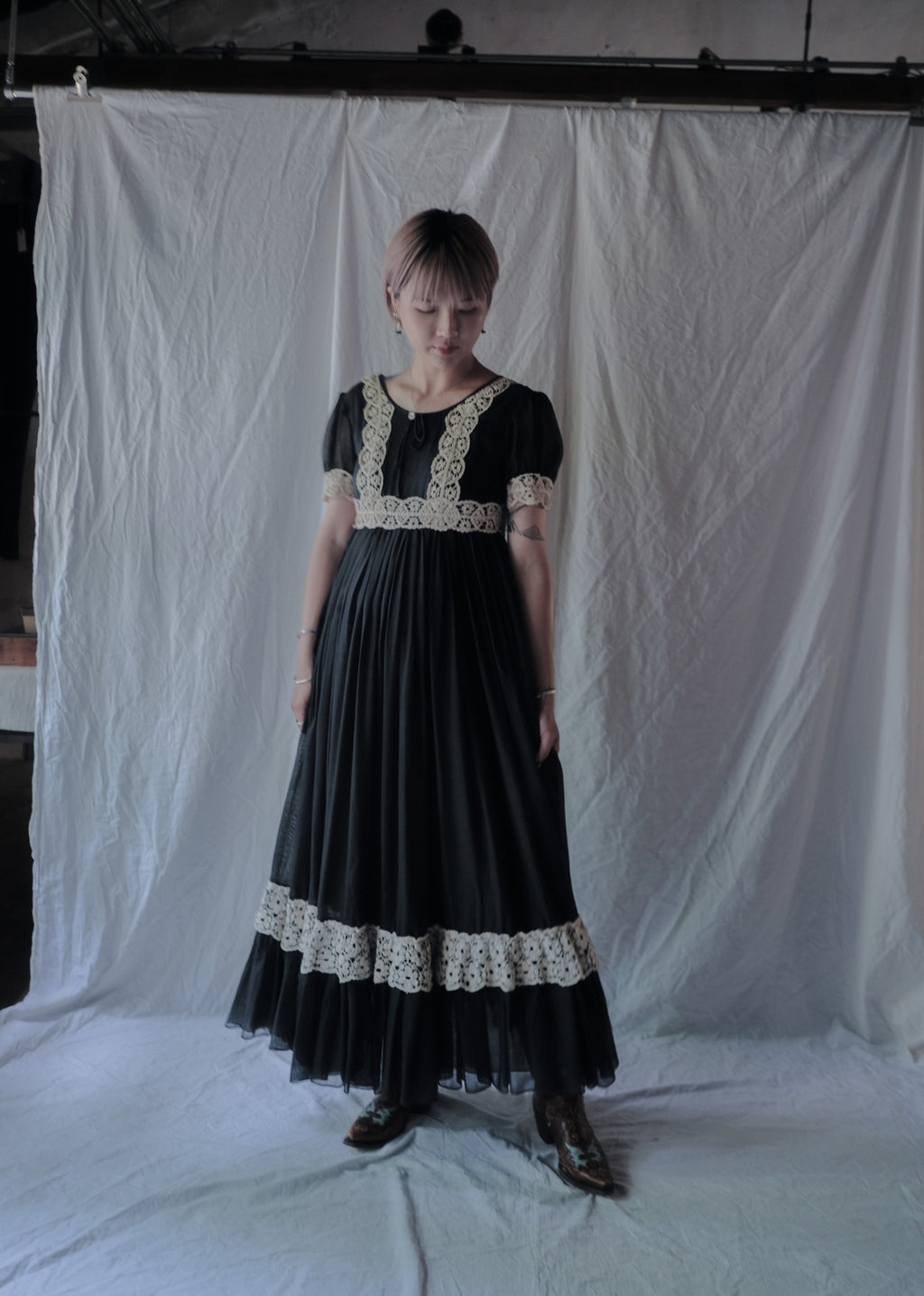 1960's Beverly Paige Lace Gauze Maxi Dress / Beverly Paige Lace Gauze Maxi Dress