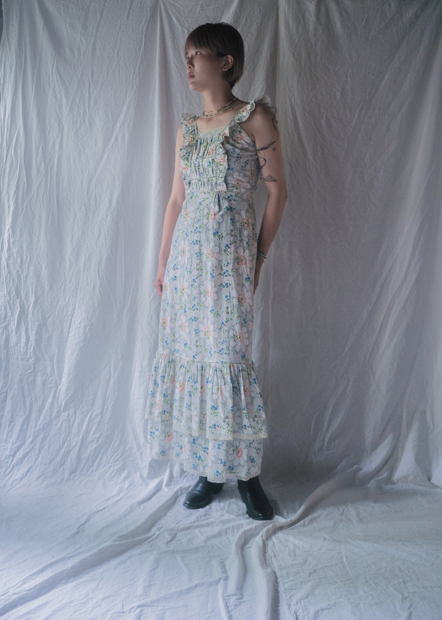 1970’s Ruffled Maxi Sun Dress / 荷葉邊蕾絲無袖洋裝