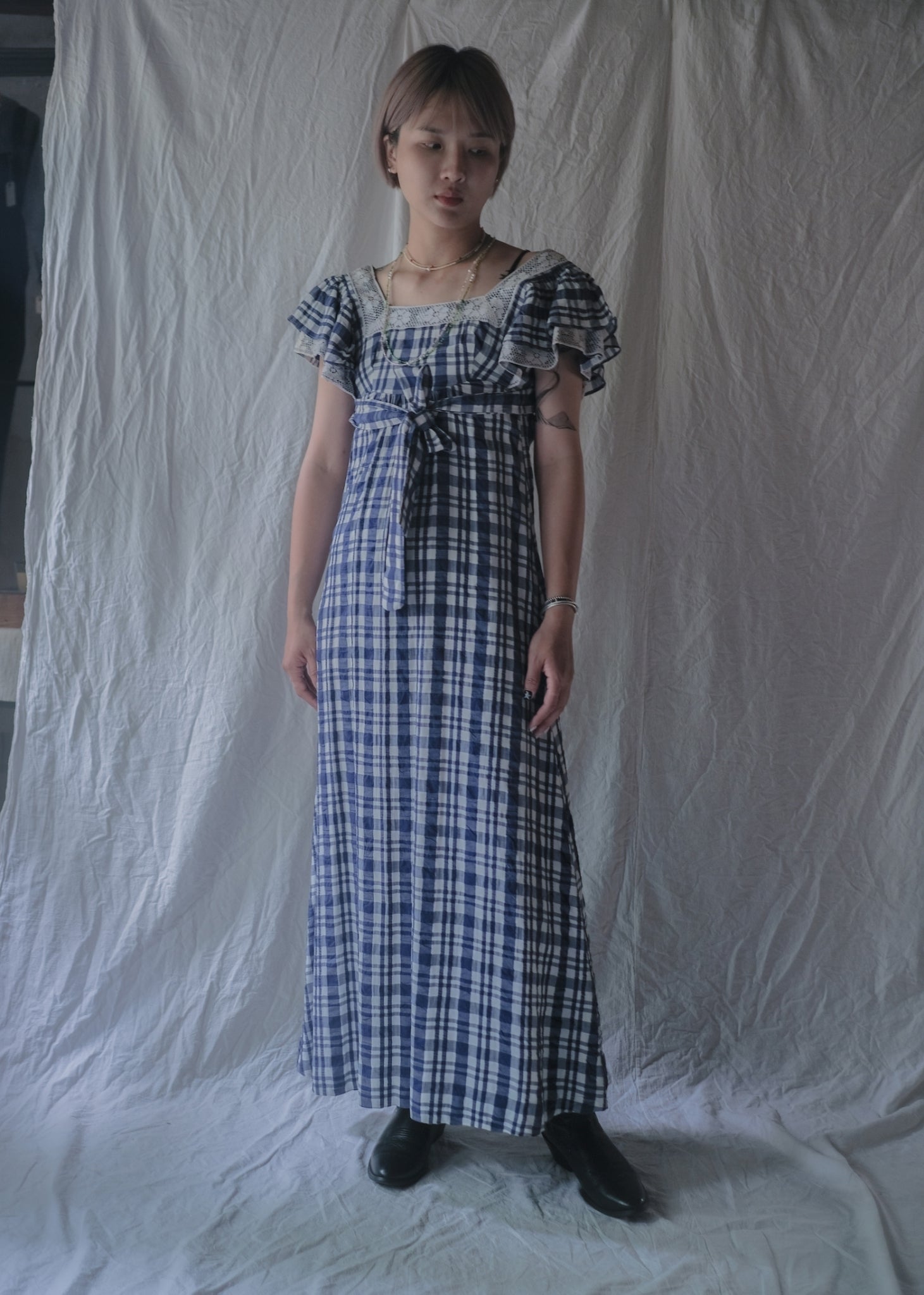 1970’s "OOPS" Seersucker Maxi Dress / “OOPS”泡泡紗格紋長裙