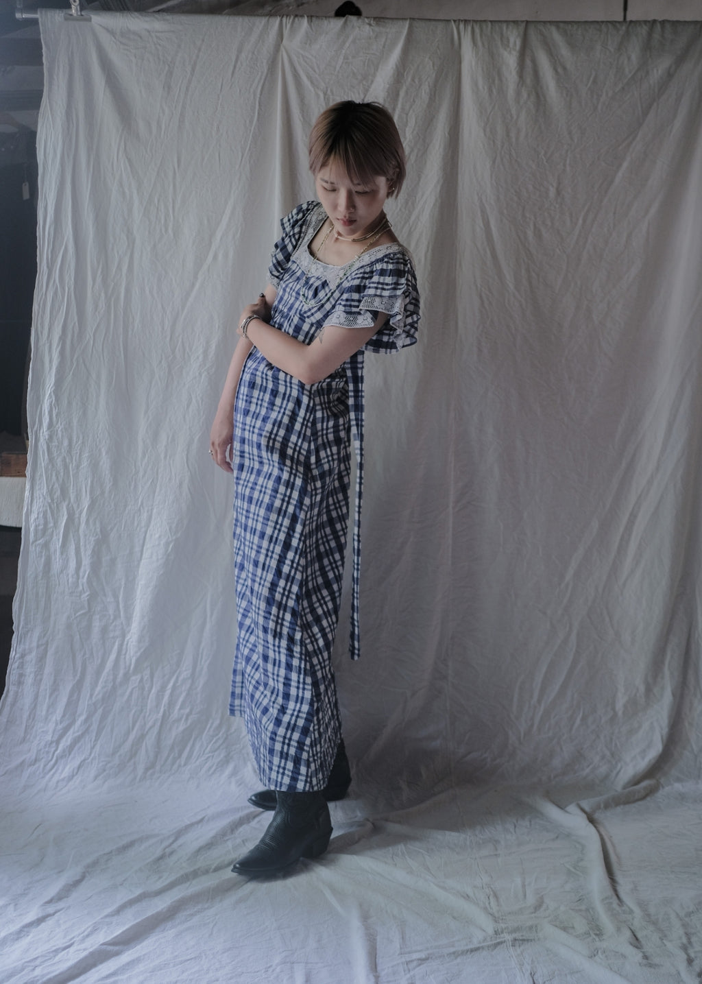 1970’s "OOPS" Seersucker Maxi Dress / “OOPS”泡泡紗格紋長裙