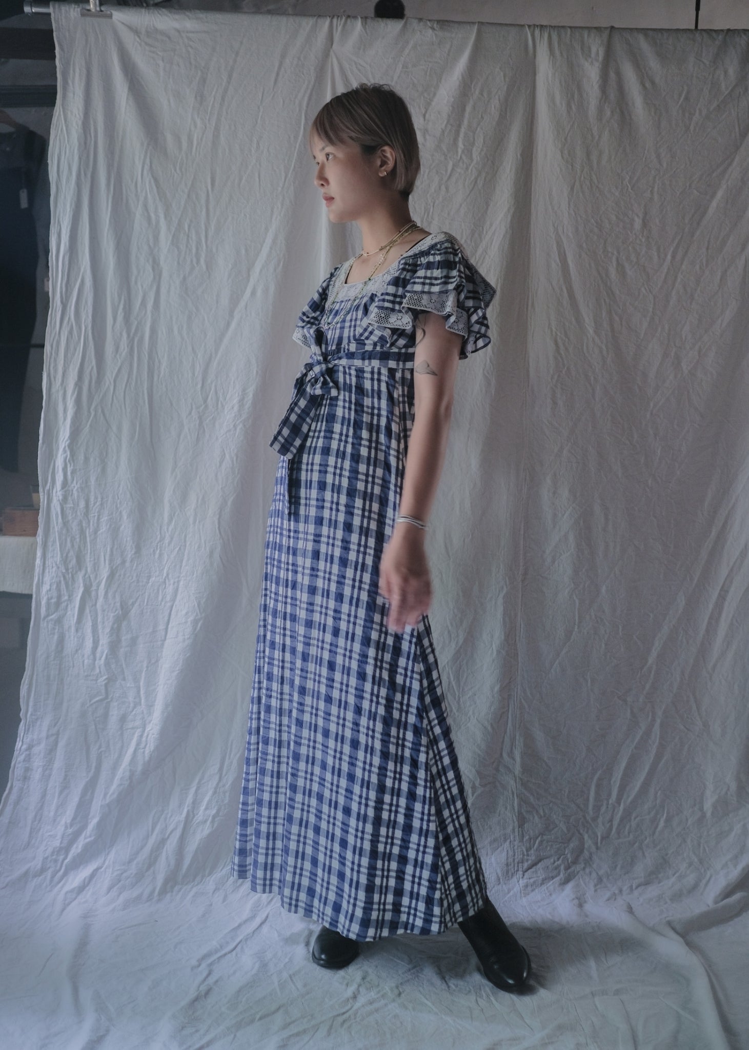 1970’s "OOPS" Seersucker Maxi Dress / “OOPS”泡泡紗格紋長裙