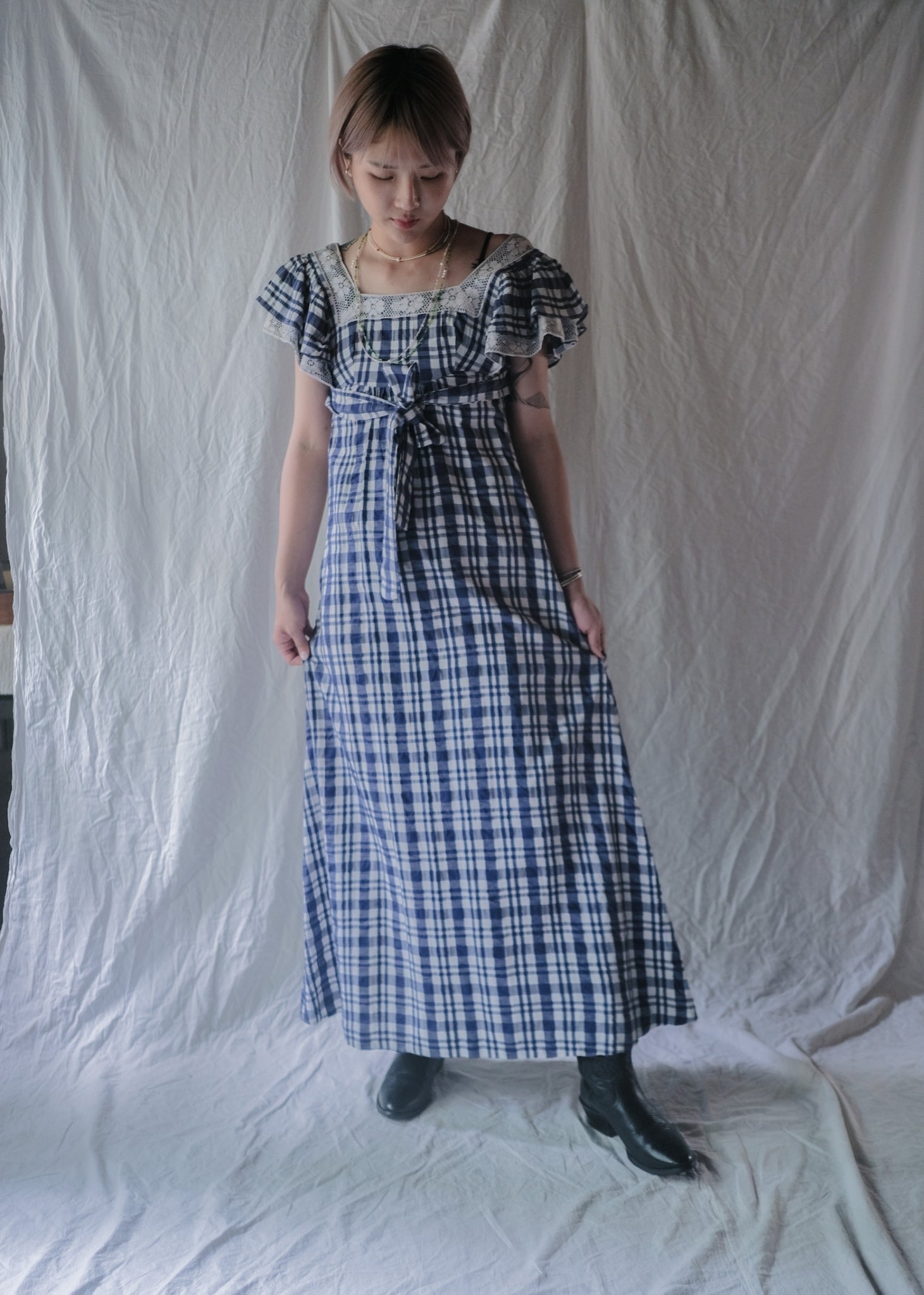 1970’s "OOPS" Seersucker Maxi Dress / “OOPS”泡泡紗格紋長裙