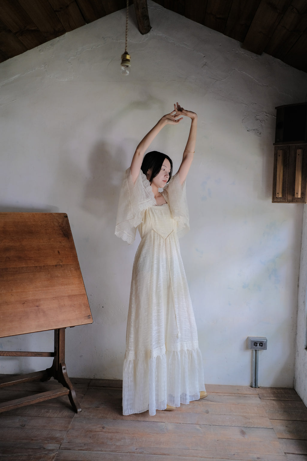 1970's Angel Sleeve Gauze Maxi Dress / 天使袖薄紗長裙
