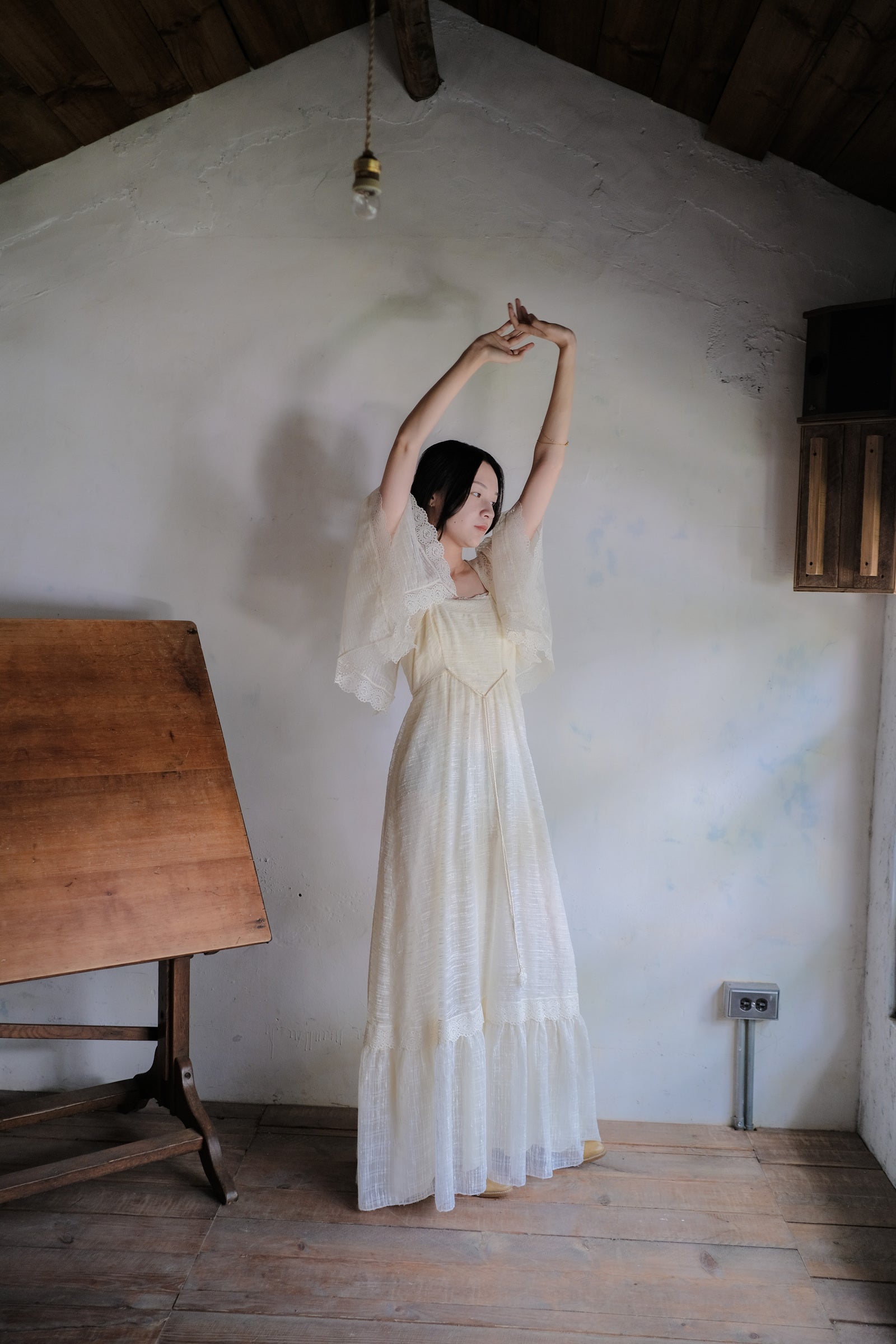 1970's Angel Sleeve Gauze Maxi Dress / 天使袖薄紗長裙