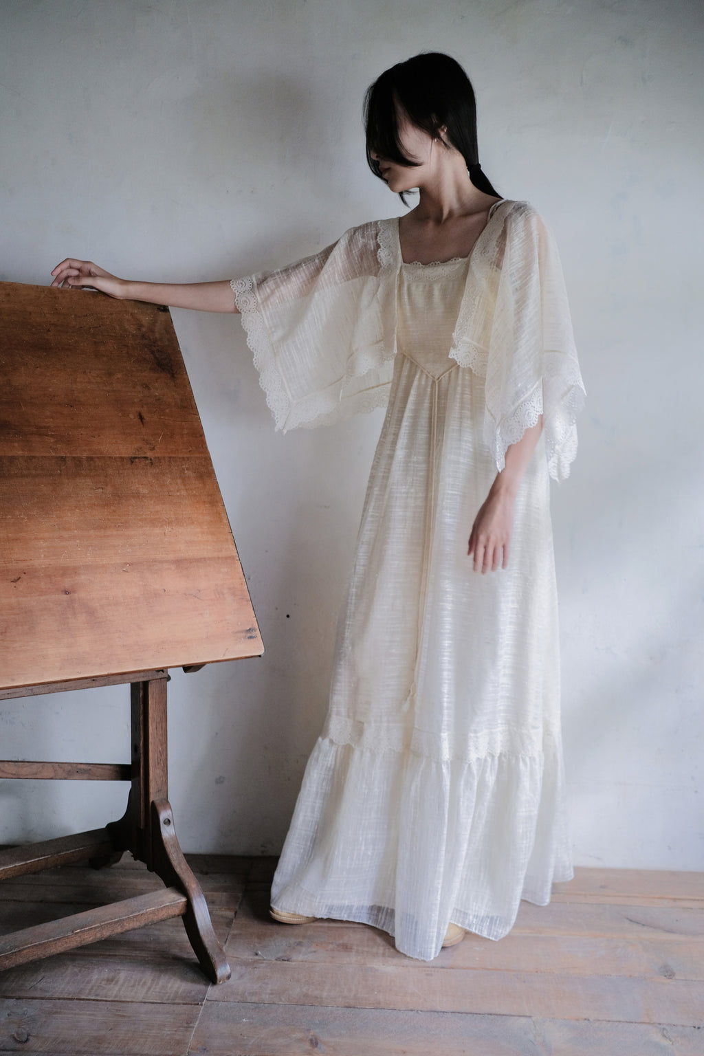 1970's Angel Sleeve Gauze Maxi Dress / 天使袖薄紗長裙