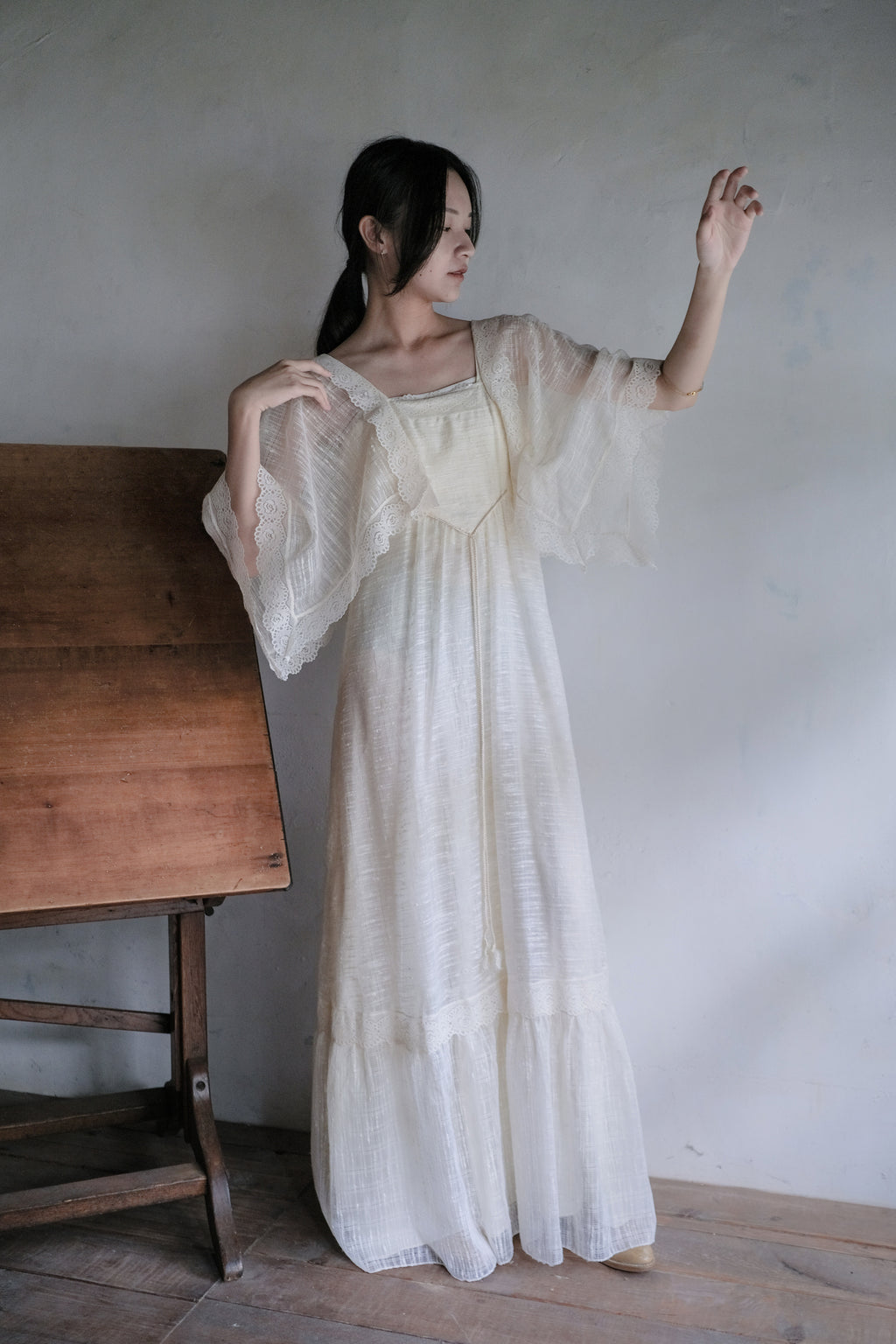 1970's Angel Sleeve Gauze Maxi Dress / 天使袖薄紗長裙