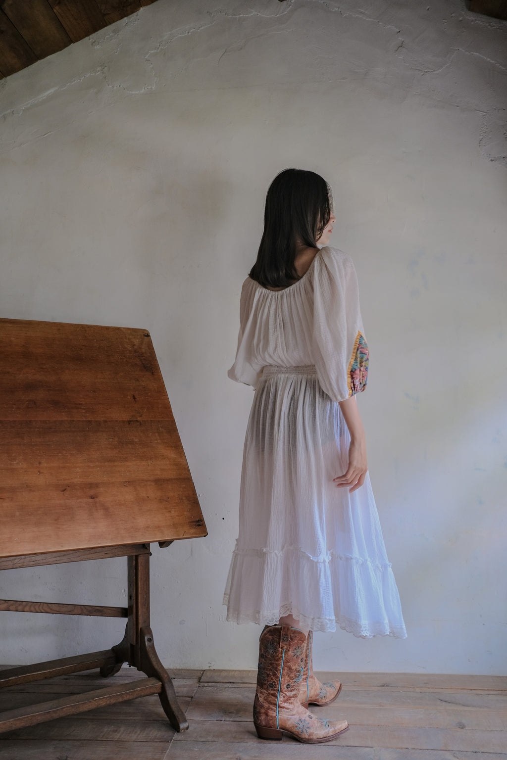 1970's Gauze Maxi Dress / 拼接緞帶透膚薄紗長裙