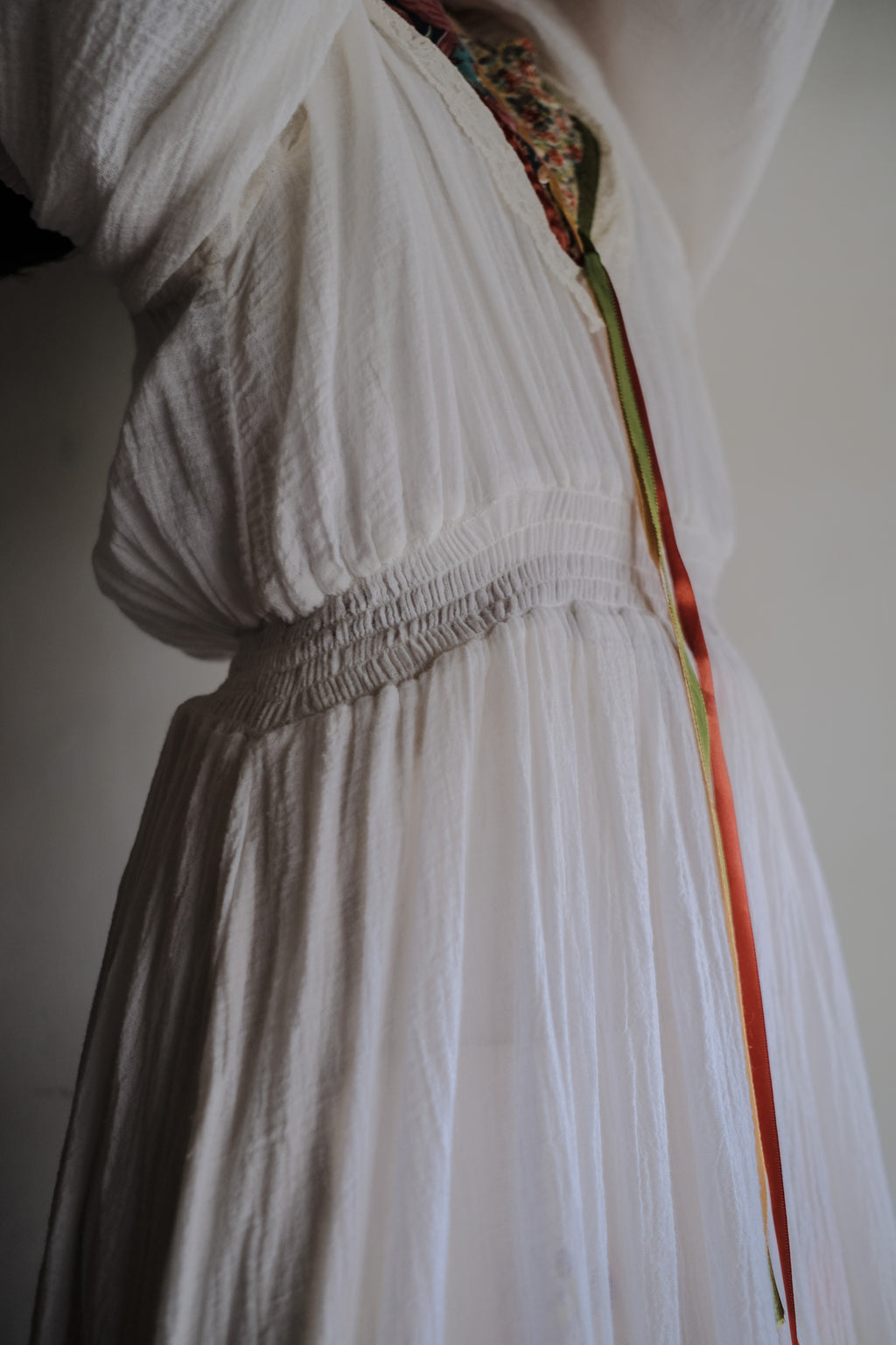 1970's Gauze Maxi Dress / 拼接緞帶透膚薄紗長裙