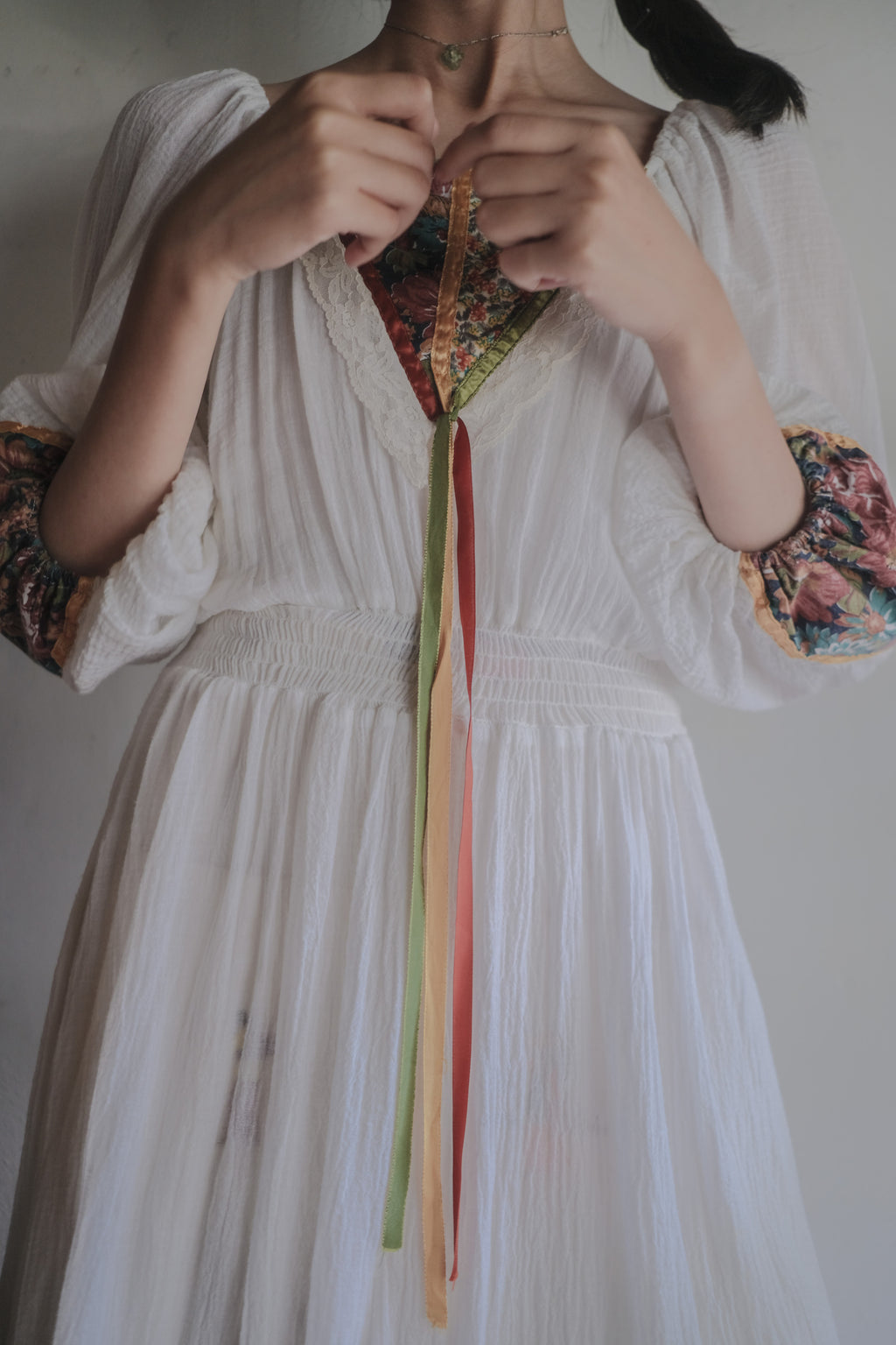 1970's Gauze Maxi Dress / 拼接緞帶透膚薄紗長裙