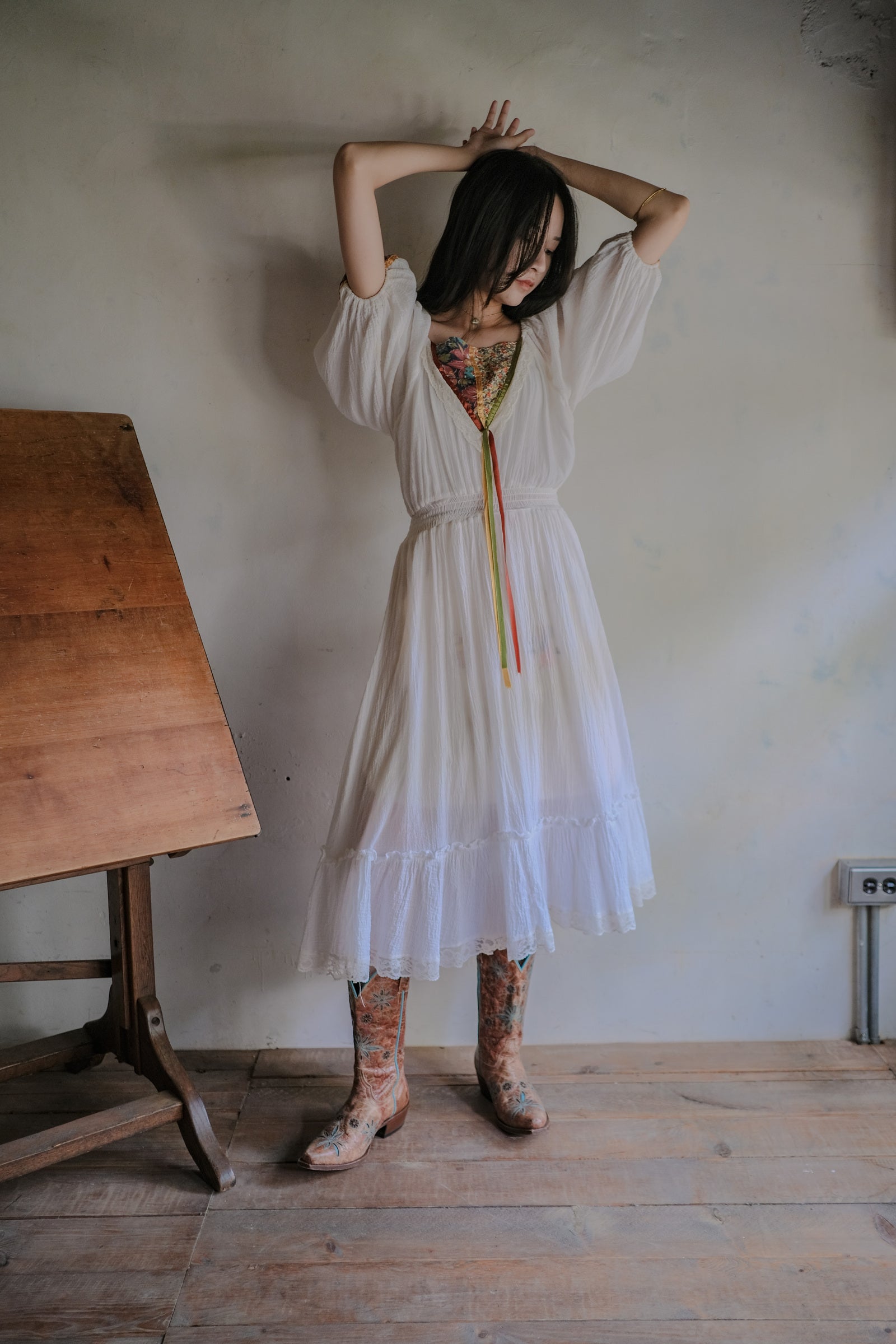 1970's Gauze Maxi Dress / 拼接緞帶透膚薄紗長裙