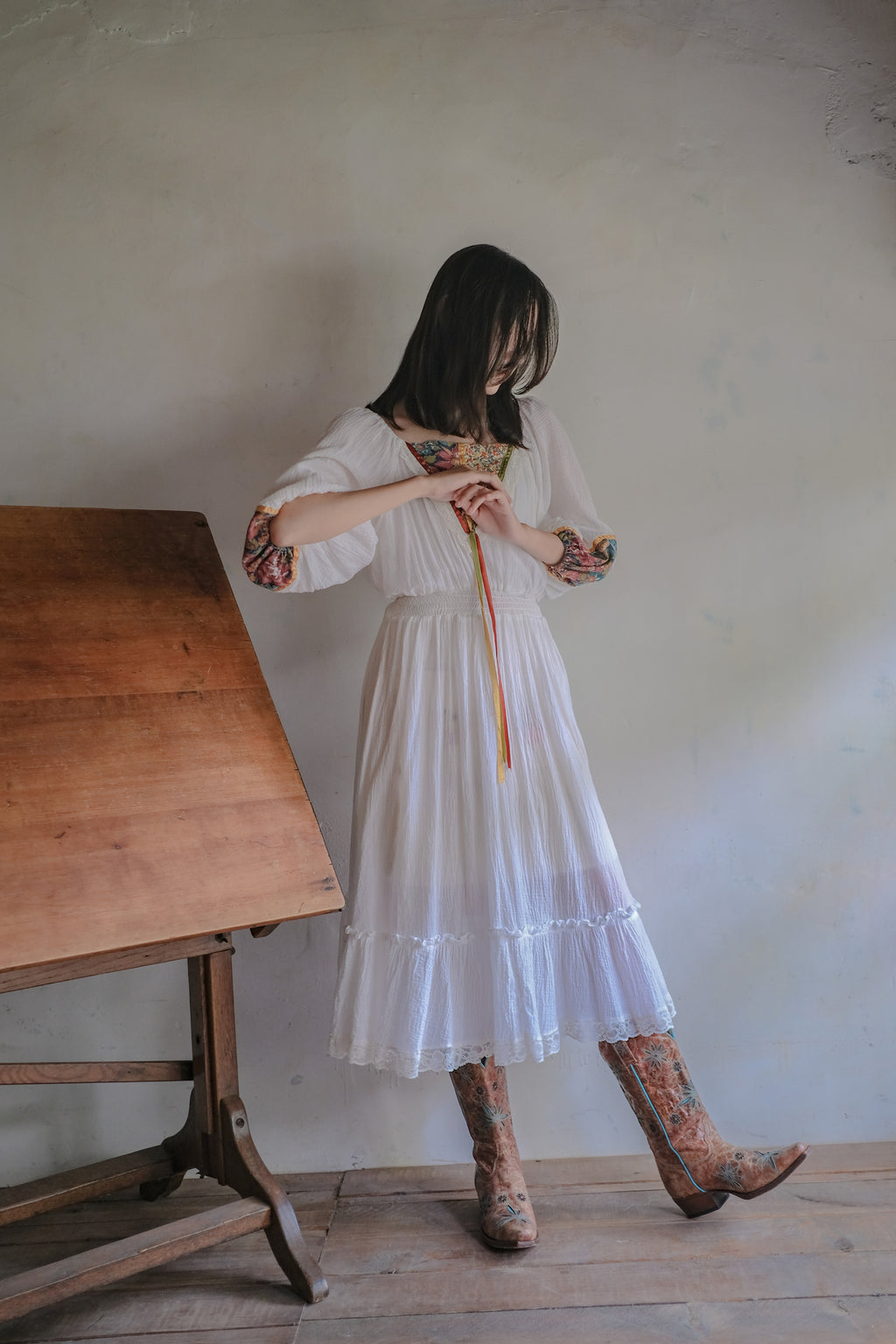 1970's Gauze Maxi Dress / 拼接緞帶透膚薄紗長裙
