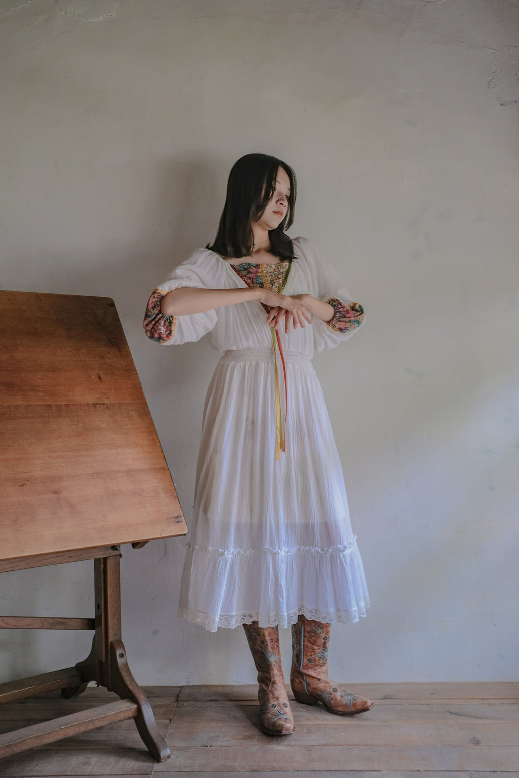 1970's Gauze Maxi Dress / 拼接緞帶透膚薄紗長裙