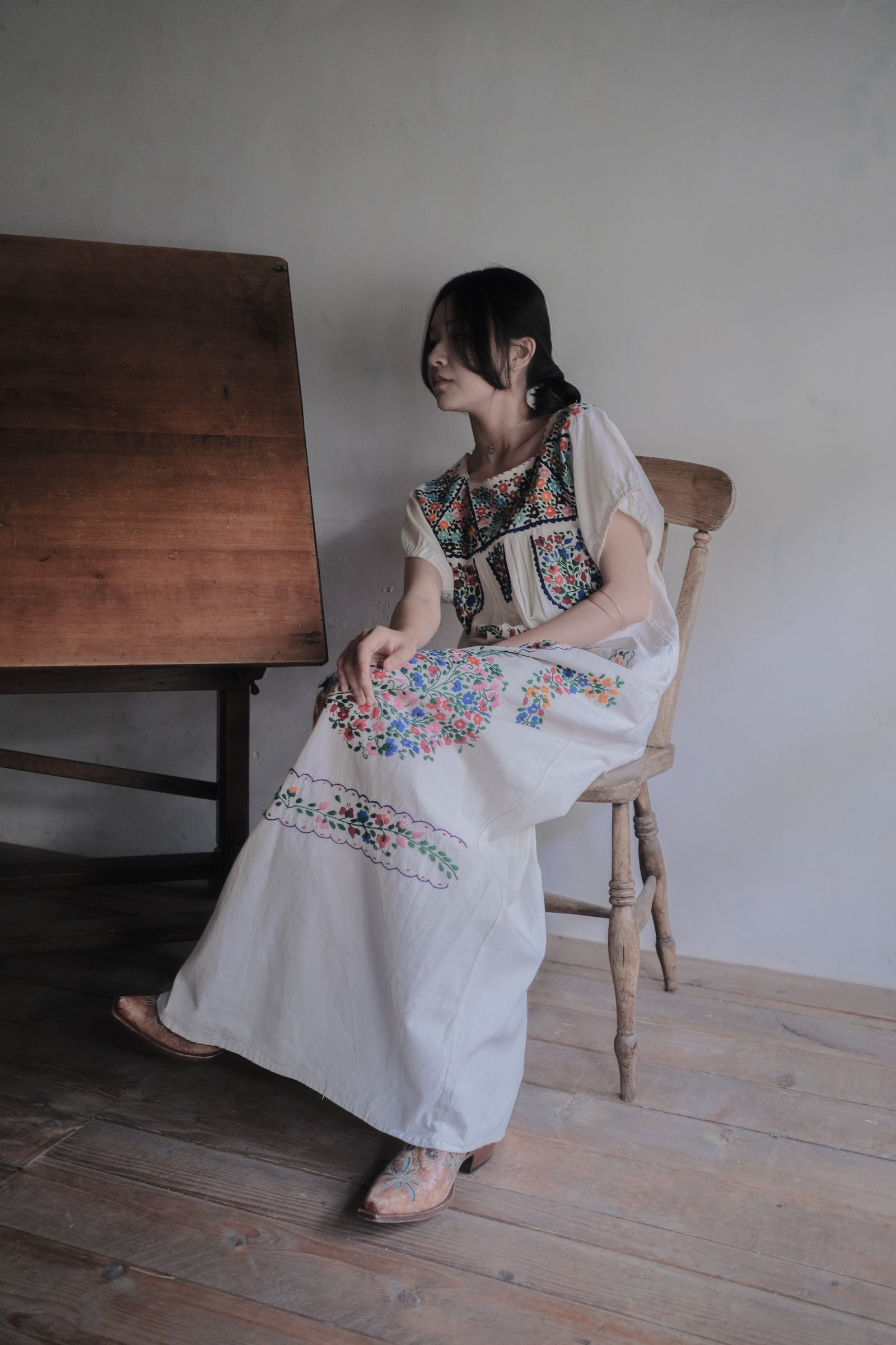 Vintage Mexican Pueblo Raw Cotton Maxi Dress / Mexican Embroidered Maxi Dress