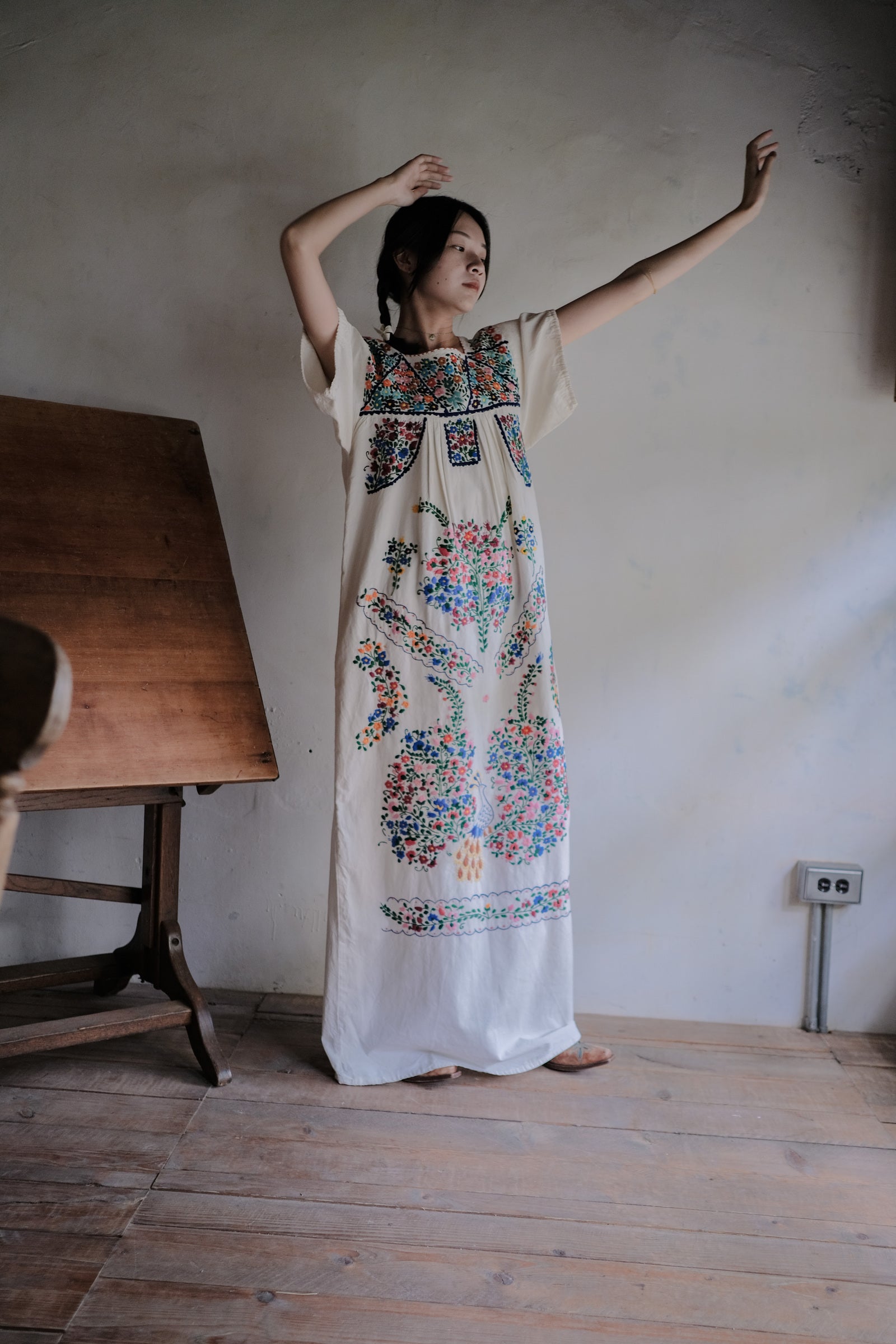 Vintage Mexican Pueblo Raw Cotton Maxi Dress / Mexican Embroidered Maxi Dress