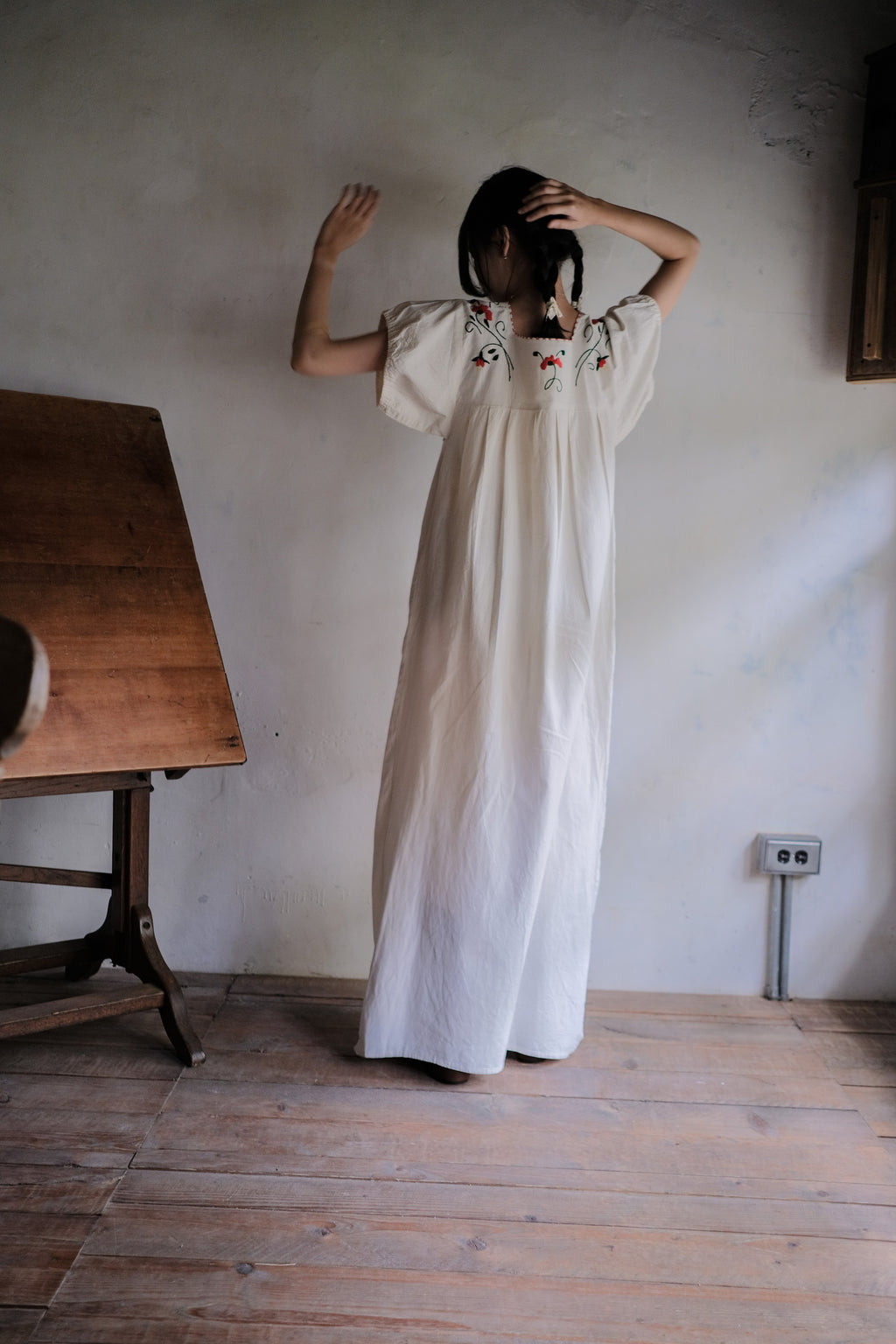 Vintage Mexican Pueblo Raw Cotton Maxi Dress / Mexican Embroidered Maxi Dress