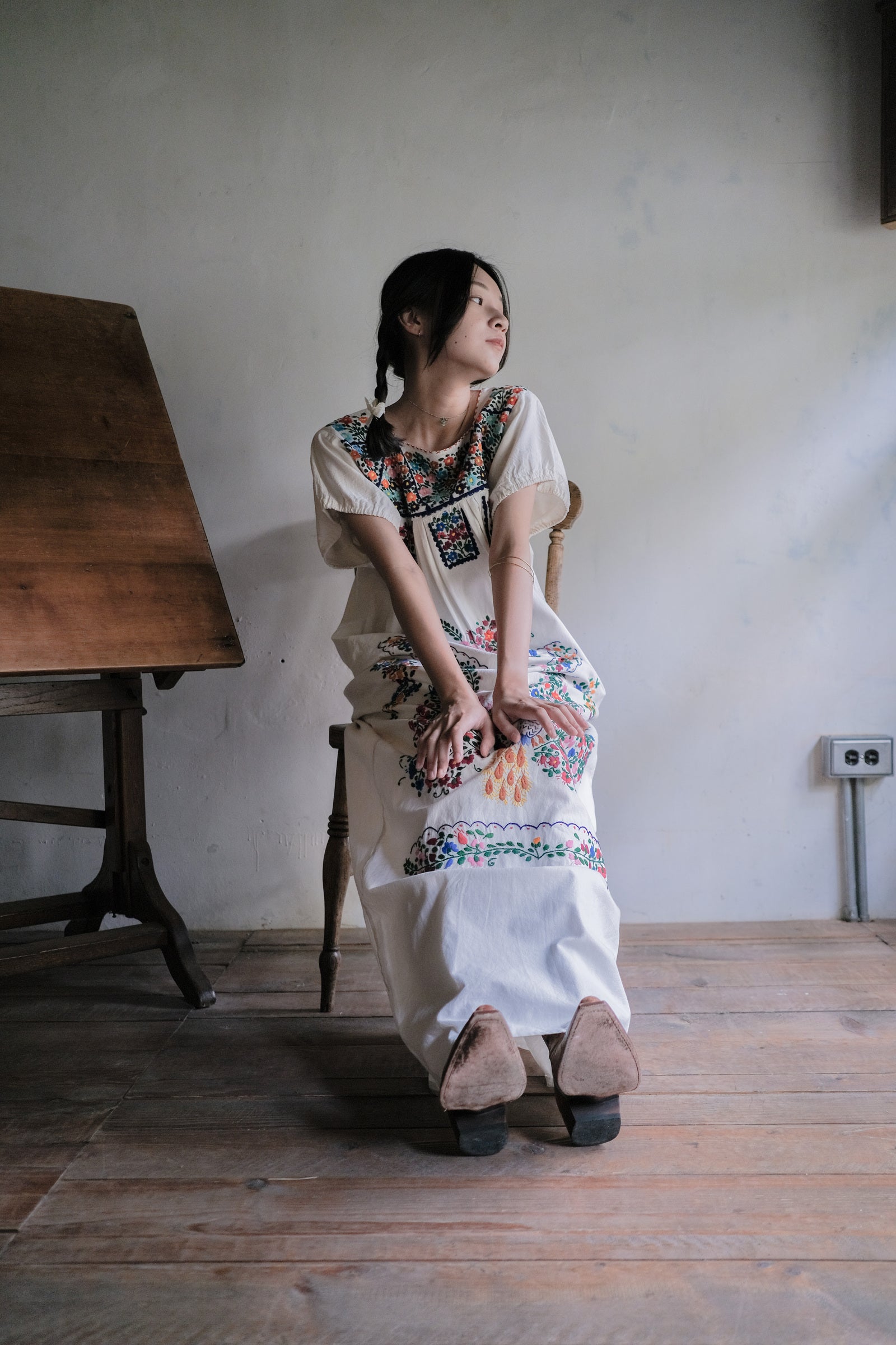 Vintage Mexican Pueblo Raw Cotton Maxi Dress / Mexican Embroidered Maxi Dress