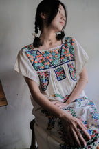 Vintage Mexican Pueblo Raw Cotton Maxi Dress / Mexican Embroidered Maxi Dress