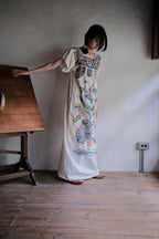 Vintage Mexican Pueblo Raw Cotton Maxi Dress / Mexican Embroidered Maxi Dress