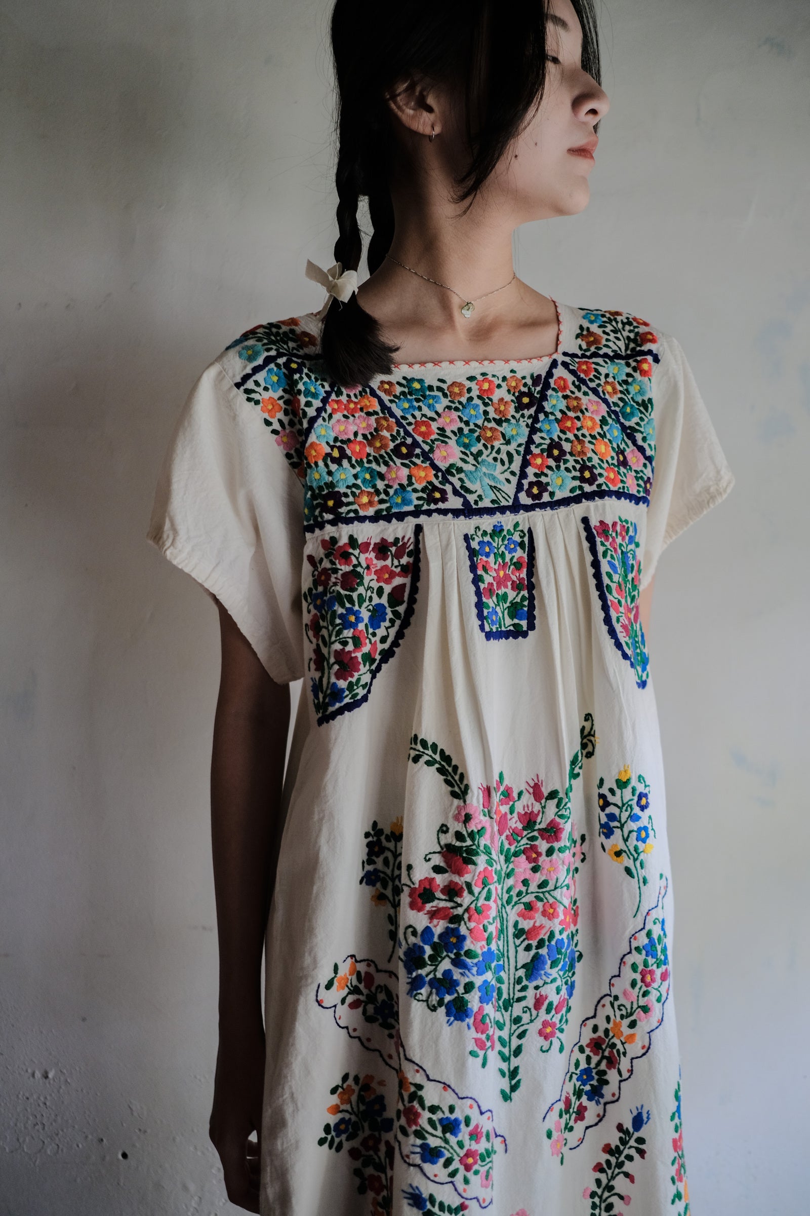 Vintage Mexican Pueblo Raw Cotton Maxi Dress / Mexican Embroidered Maxi Dress