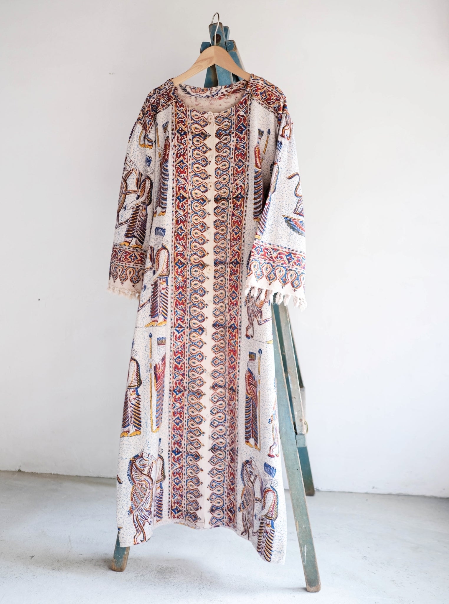 1960-70's Persian / Iranian Block Print Damask Pattern Folk Coat Persian hand-printed woven pattern totem ethnic coat