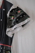 1970's Ethnic Style Floral Print Lace Dress / 民族感拼接花布水玉洋裝