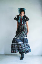 1970's Ethnic Style Floral Print Lace Dress / 民族感拼接花布水玉洋裝