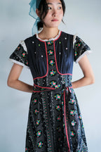 1970's Ethnic Style Floral Print Lace Dress / 民族感拼接花布水玉洋裝