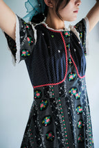 1970's Ethnic Style Floral Print Lace Dress / 民族感拼接花布水玉洋裝