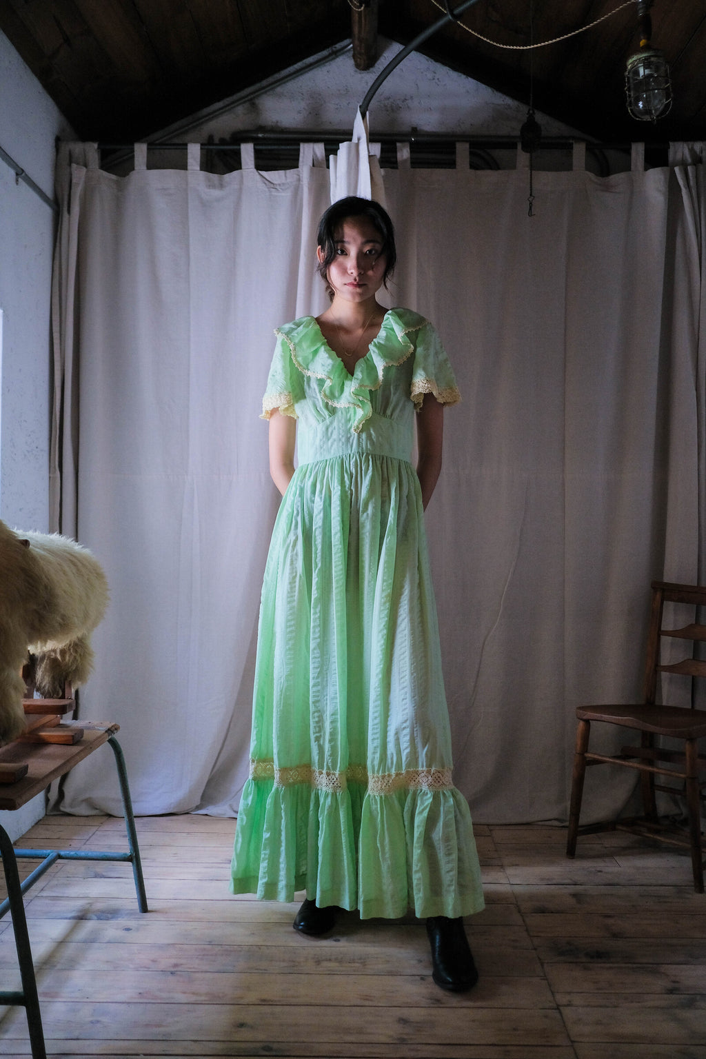 1970’s Mint Green Seersucker Dress / 薄荷泡泡紗洋裝