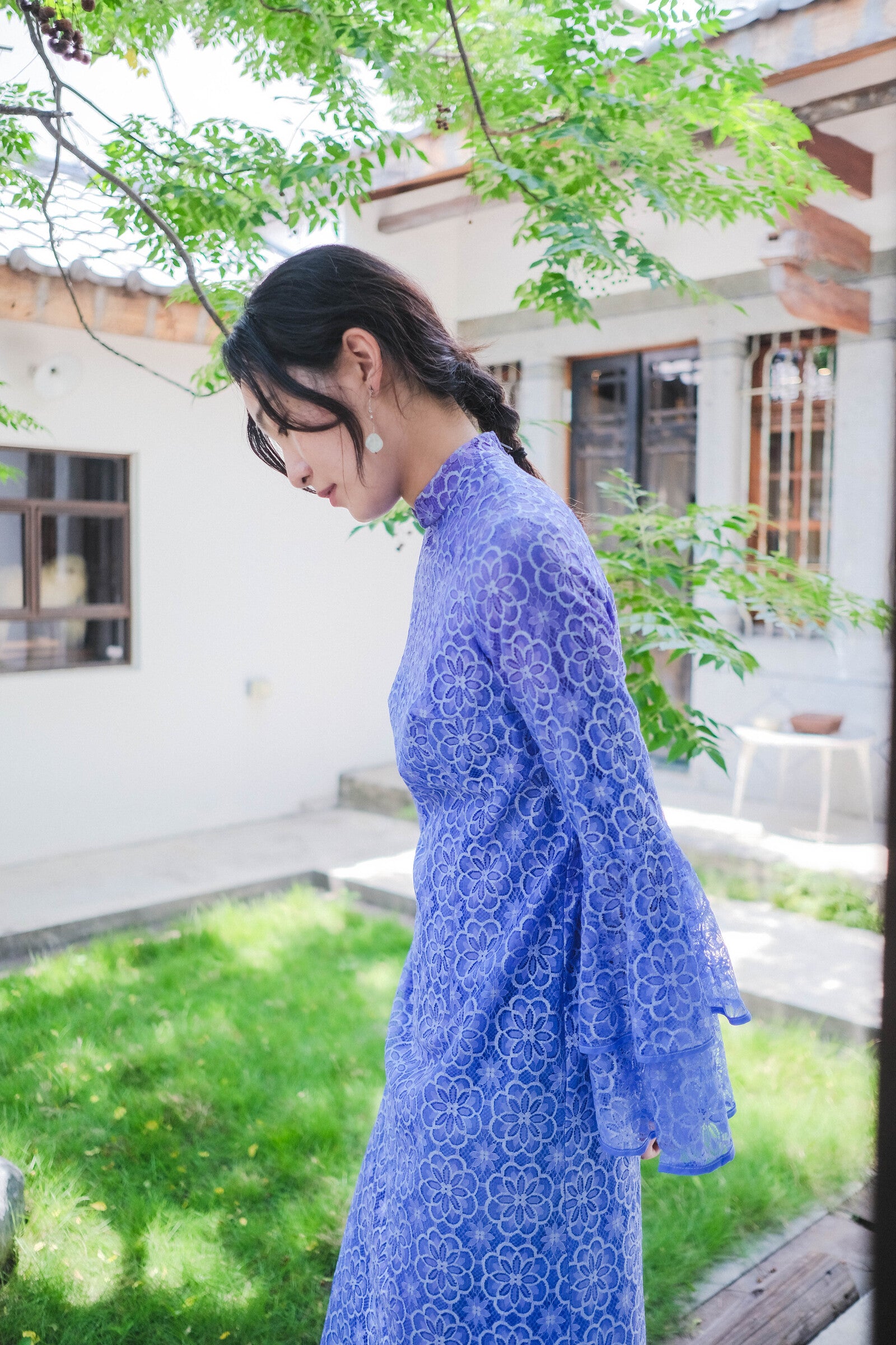 1970's Lace Flare Sleeve Dress / 藍花丹喇叭袖連衣裙