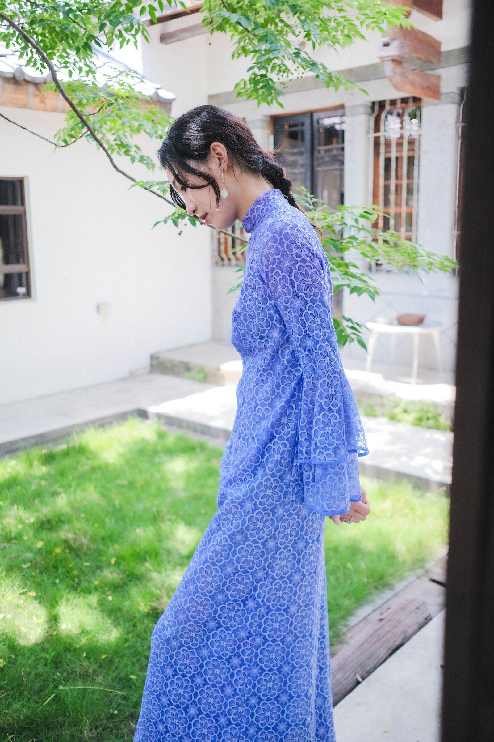 1970's Lace Flare Sleeve Dress / 藍花丹喇叭袖連衣裙