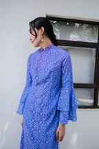 1970's Lace Flare Sleeve Dress / 藍花丹喇叭袖連衣裙
