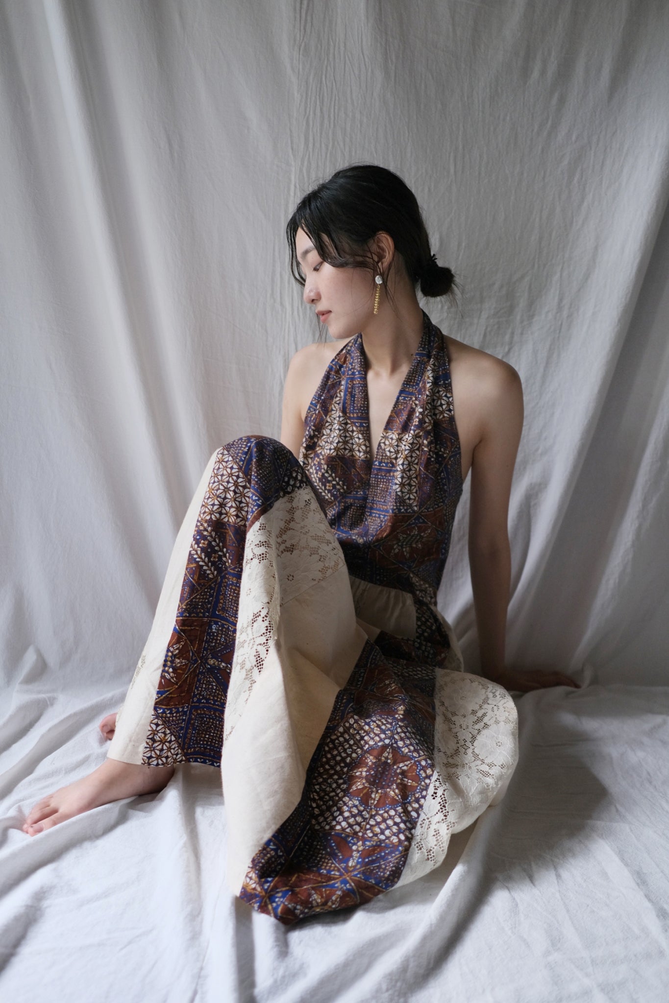 1980's Algo Halter Lace Dress / 繞脖蕾絲拼接感洋裝