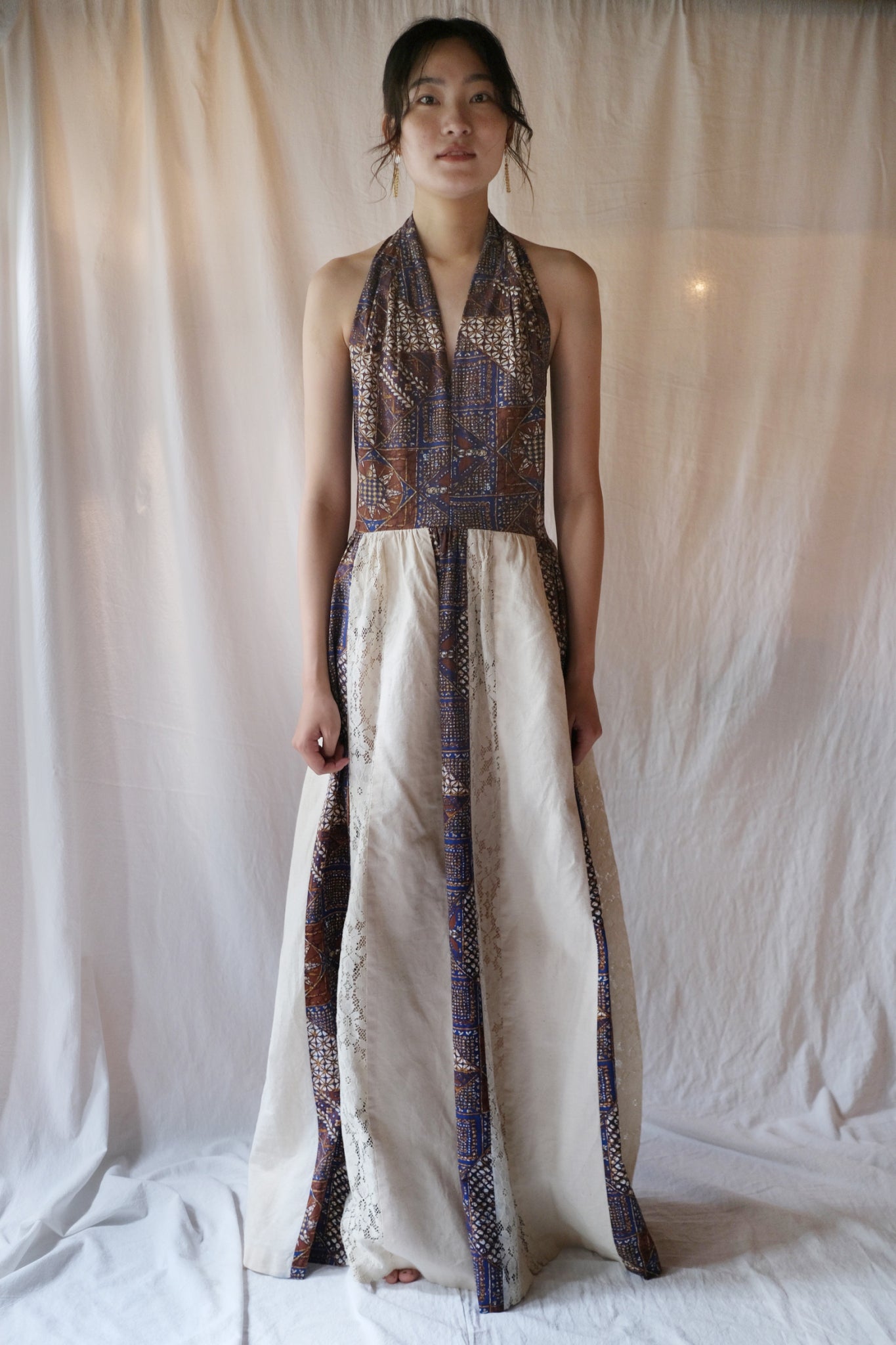 1980's Algo Halter Lace Dress / 繞脖蕾絲拼接感洋裝