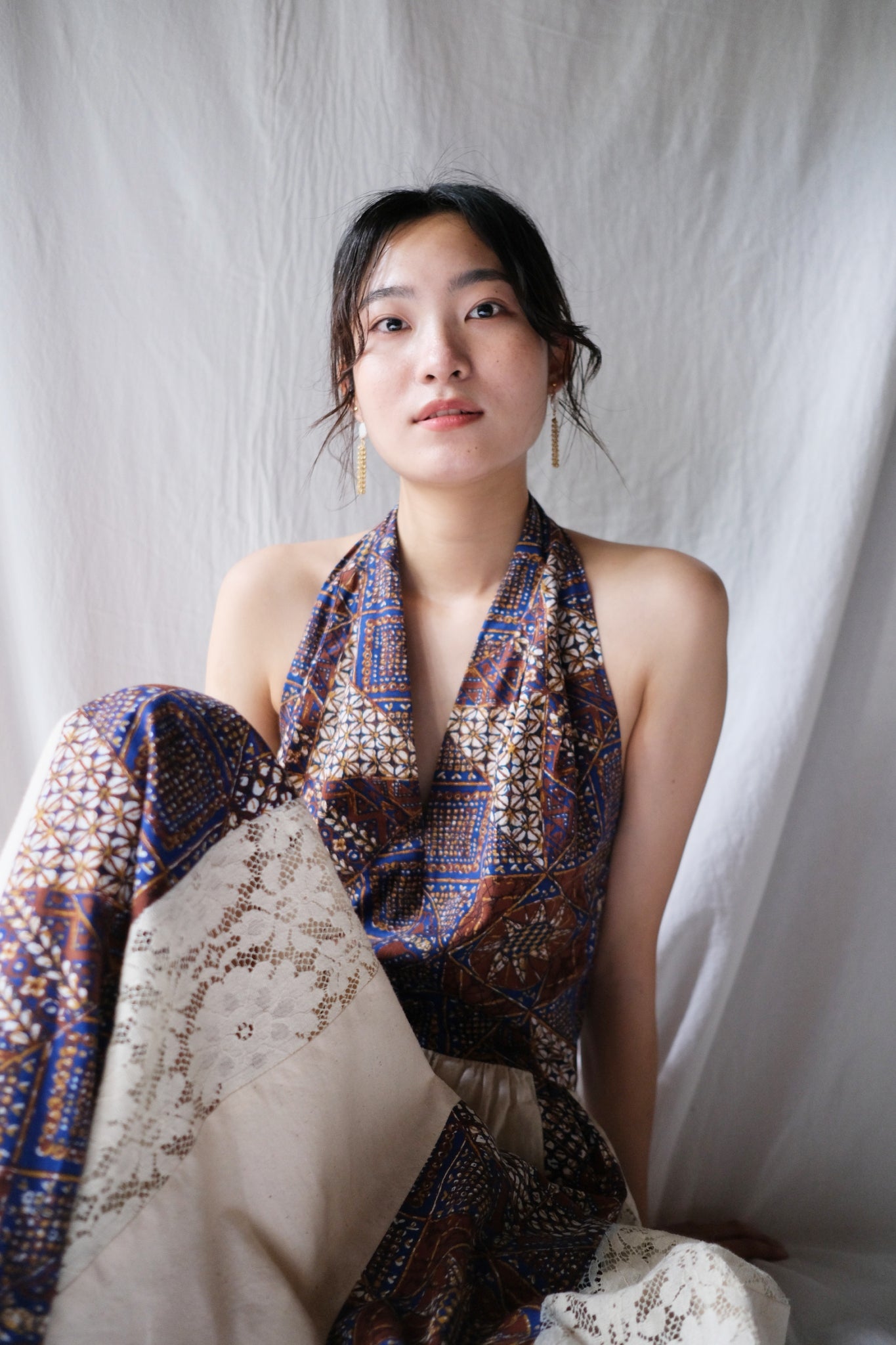 1980's Algo Halter Lace Dress / 繞脖蕾絲拼接感洋裝