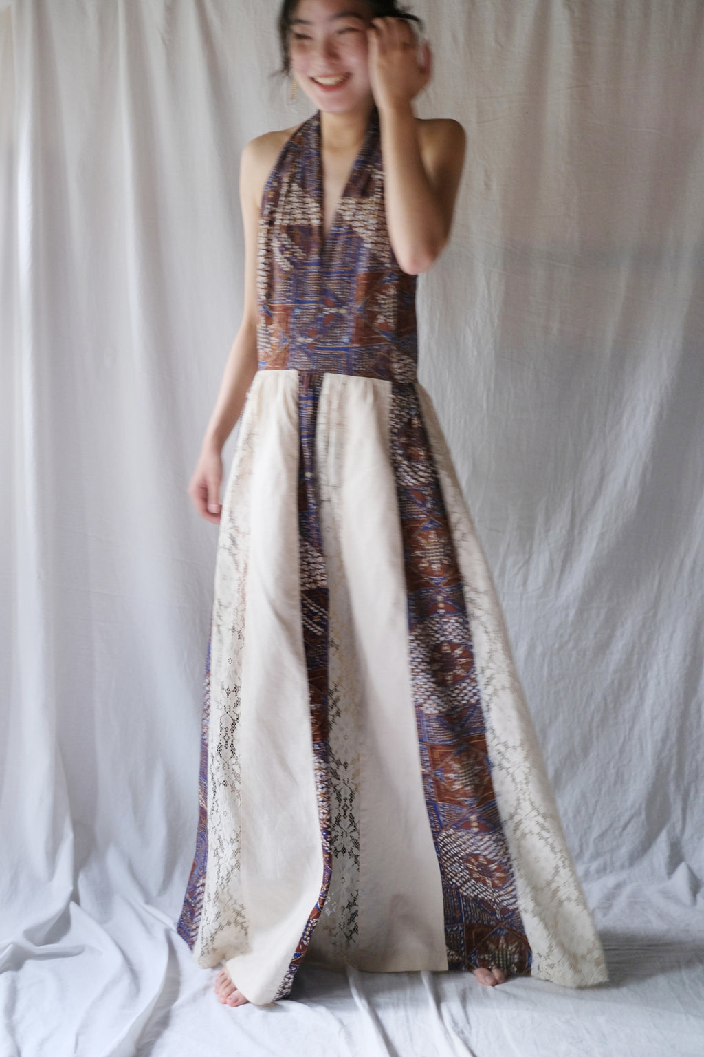 1980's Algo Halter Lace Dress / 繞脖蕾絲拼接感洋裝