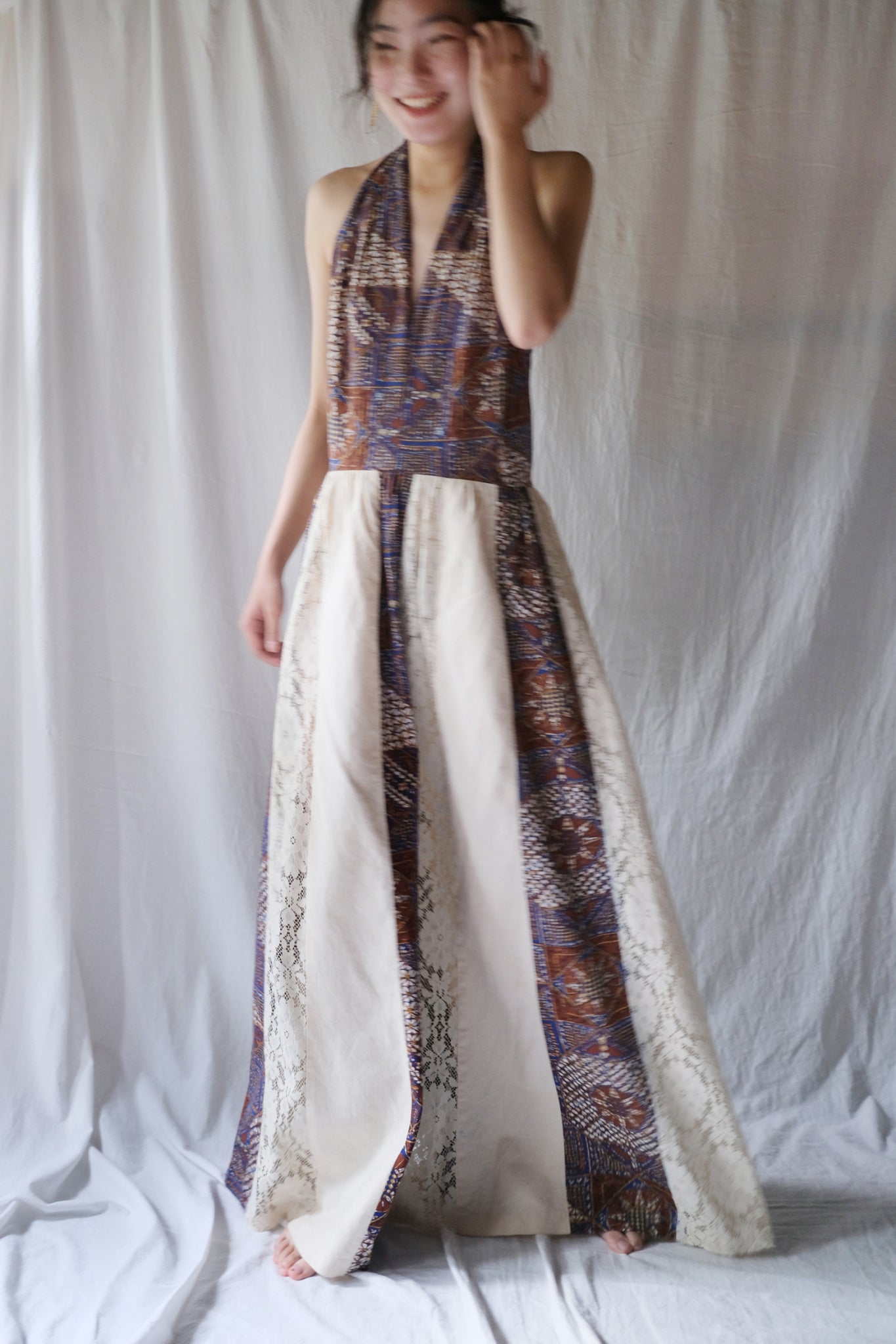 1980's Algo Halter Lace Dress / 繞脖蕾絲拼接感洋裝