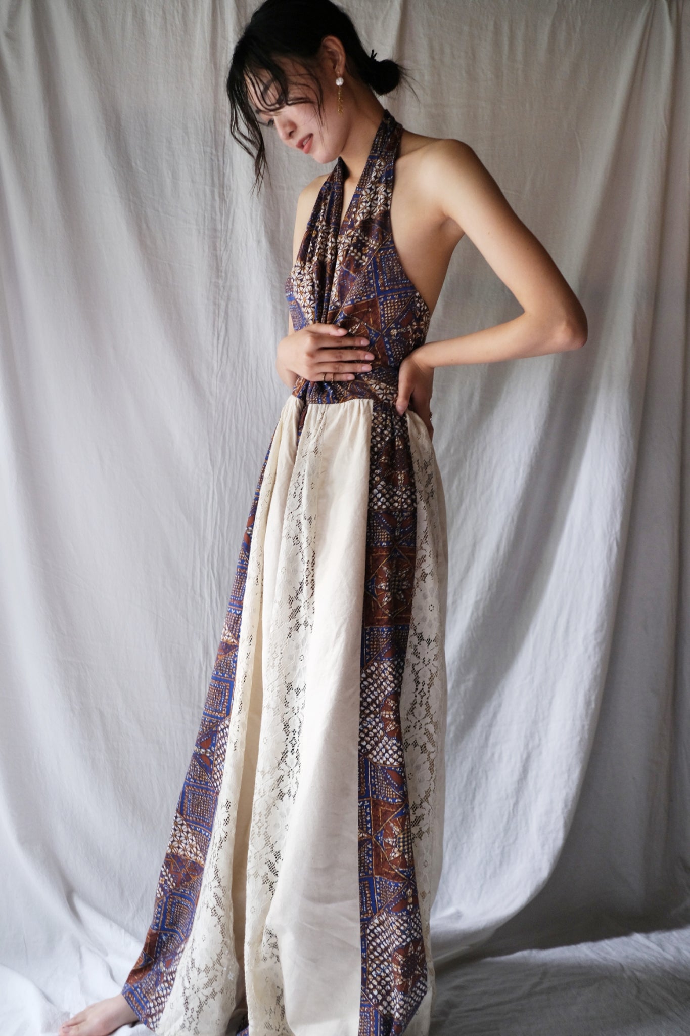 1980's Algo Halter Lace Dress / 繞脖蕾絲拼接感洋裝