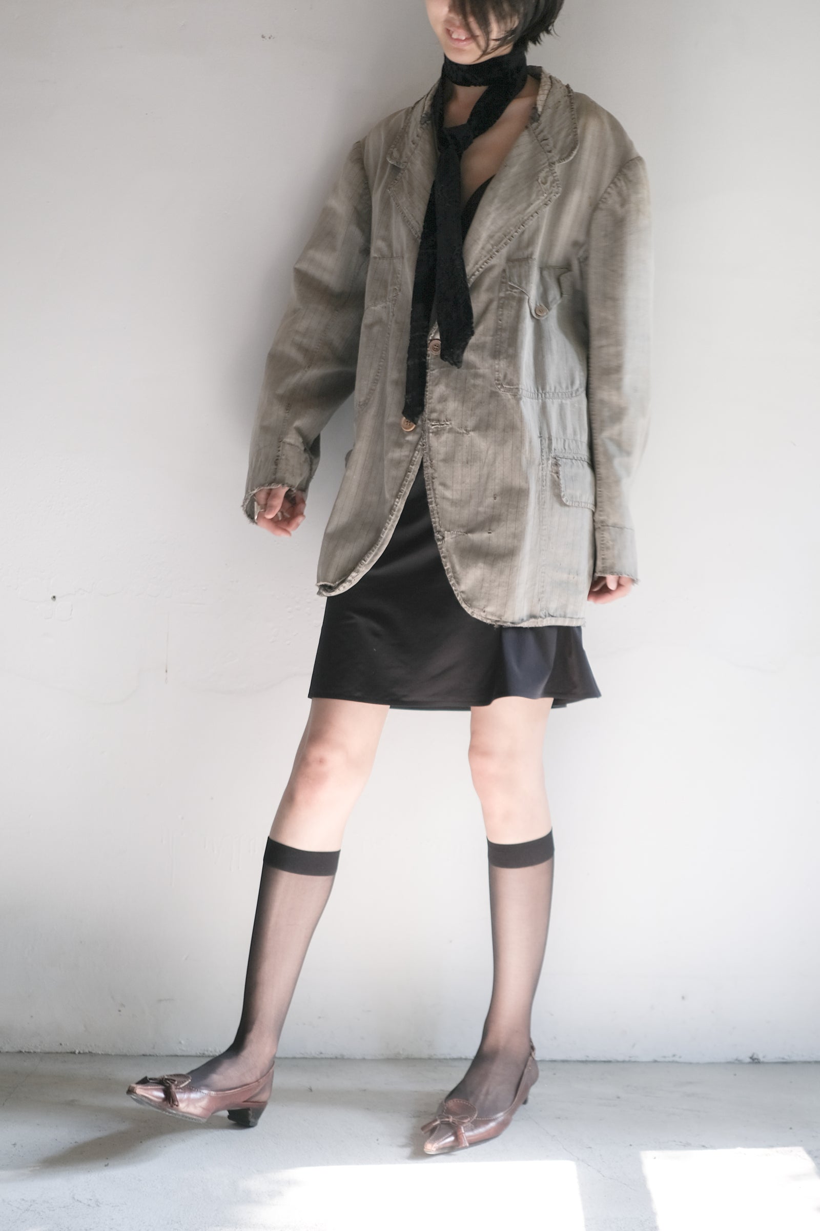 1930's French Salt&Pepper Stripe Sack Coat / 法國古著直紋椒鹽粗布外套