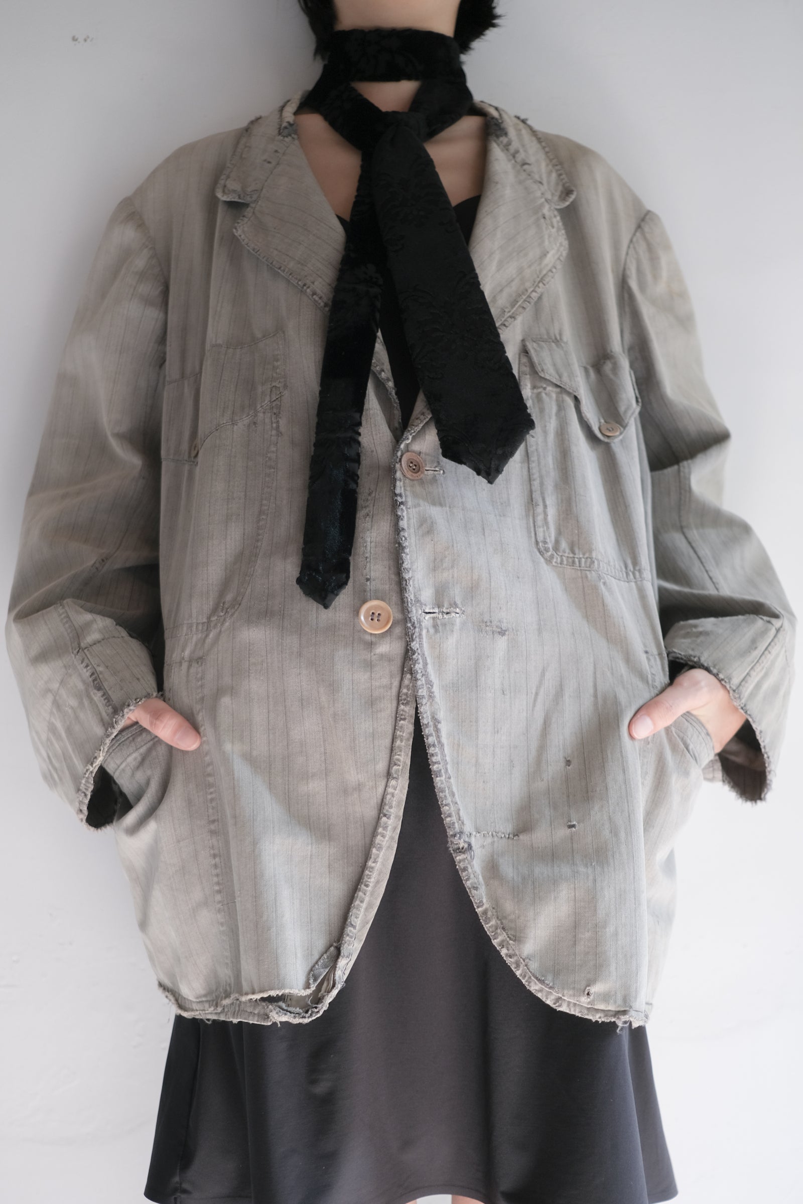 1930's French Salt&Pepper Stripe Sack Coat / 法國古著直紋椒鹽粗布外套