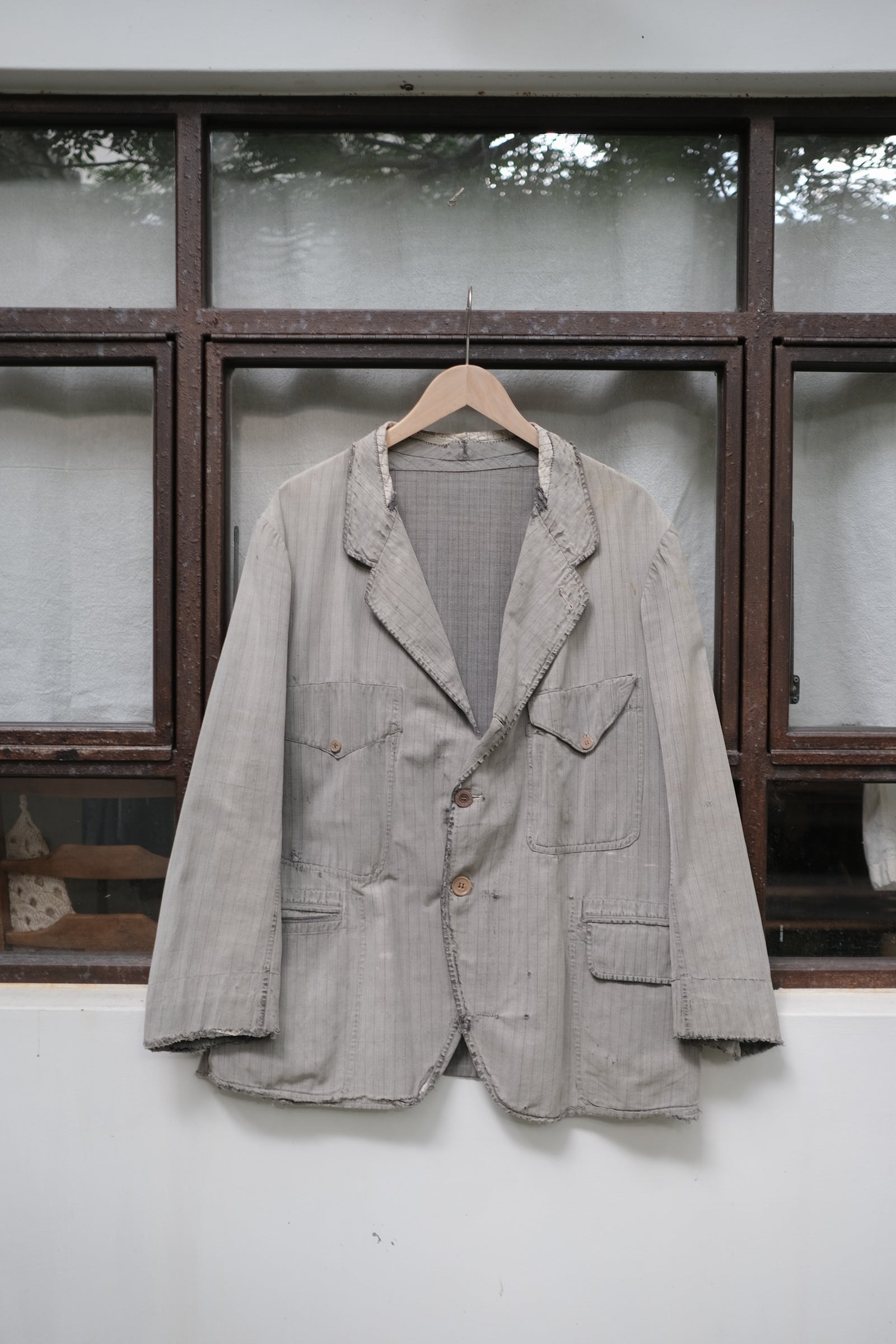 1930's French Salt&Pepper Stripe Sack Coat / 法國古著直紋椒鹽粗布外套