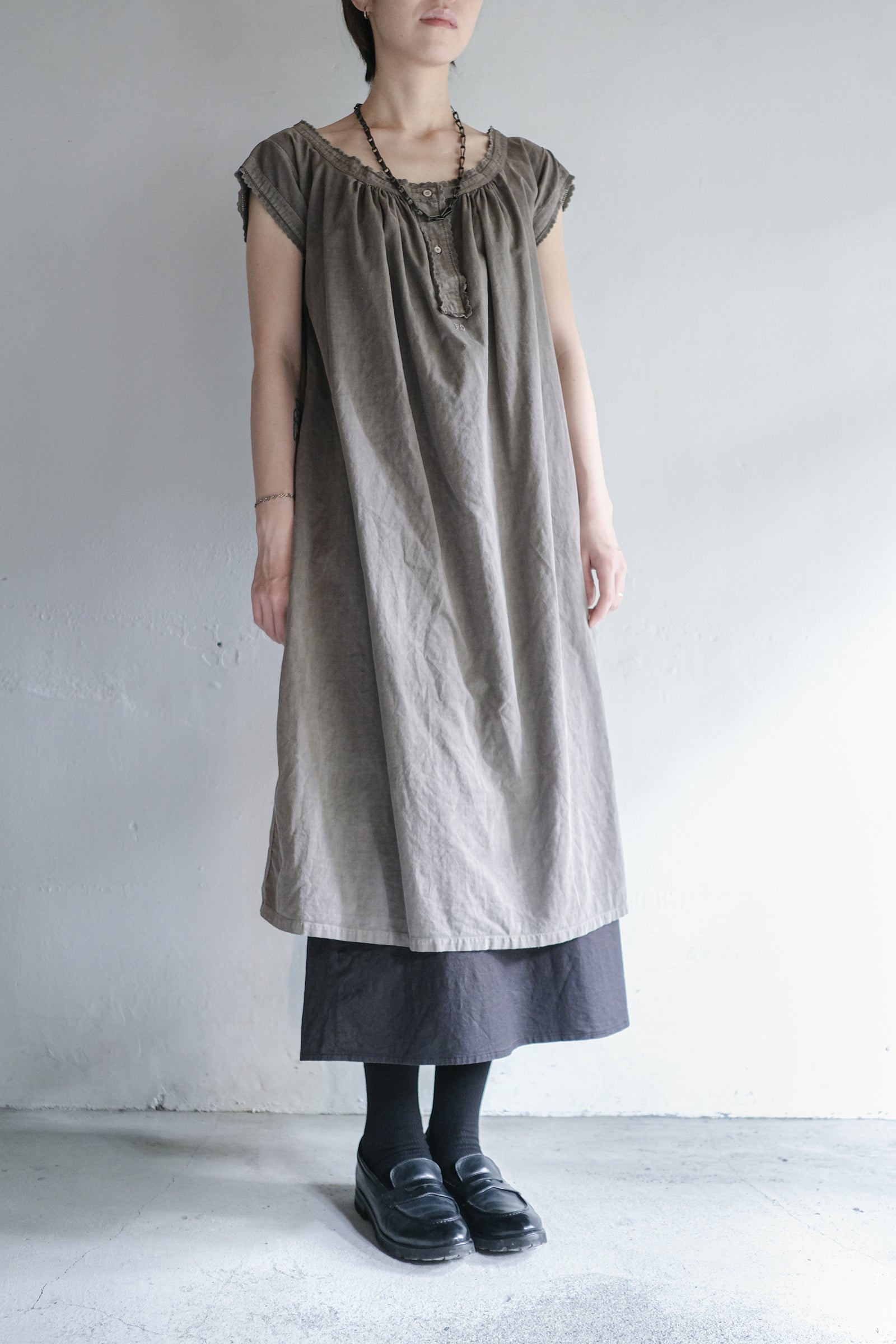 Europe Vintage Cotton Linen Night Dress Over Dyed