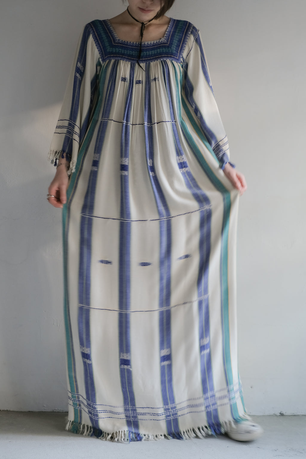1970's Alpnani Rayon Woven Stripe Angel Sleeve Kaftan / 古著直織紋天使袖長袍