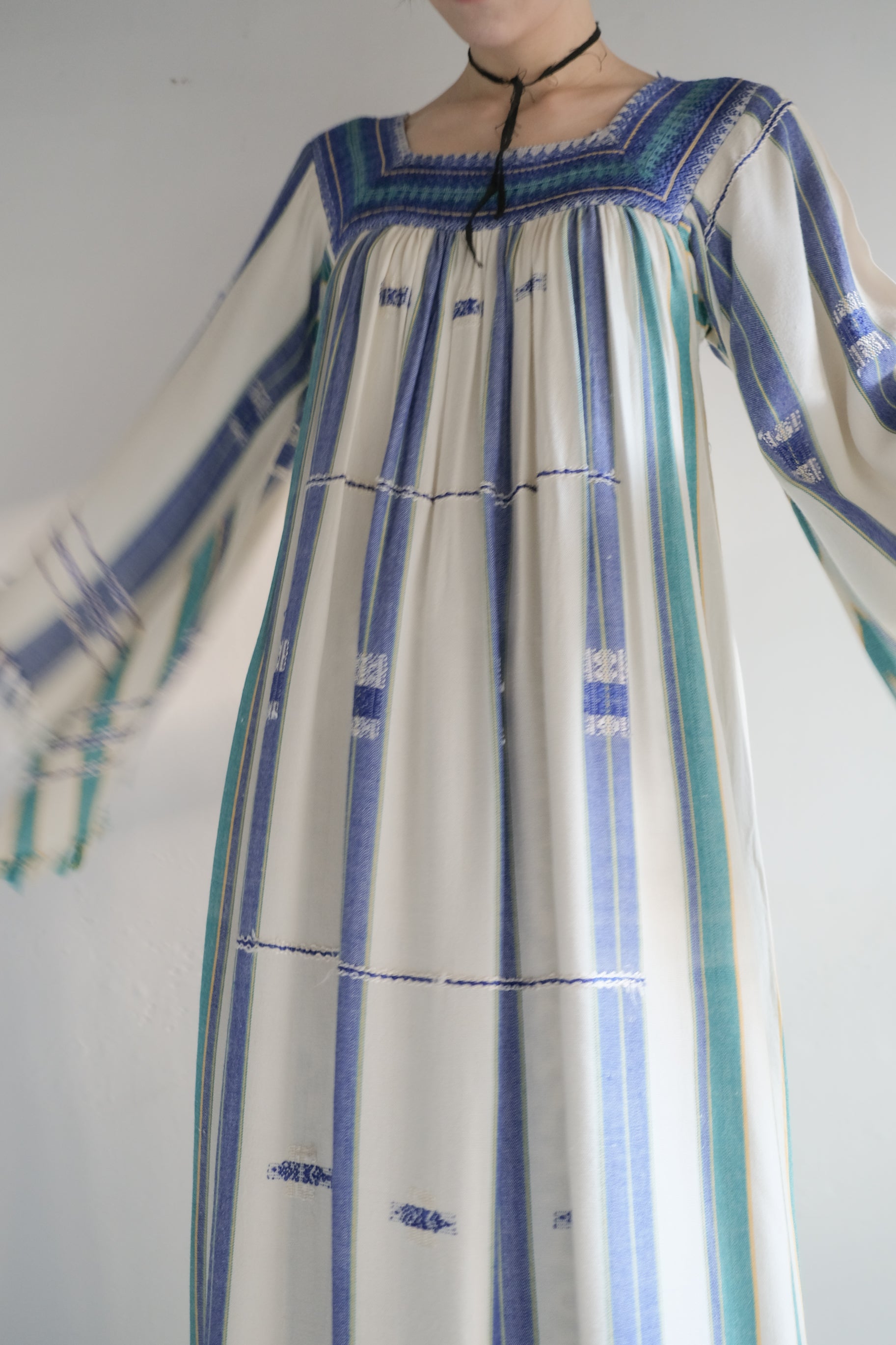 1970's Alpnani Rayon Woven Stripe Angel Sleeve Kaftan / 古著直織紋天使袖長袍