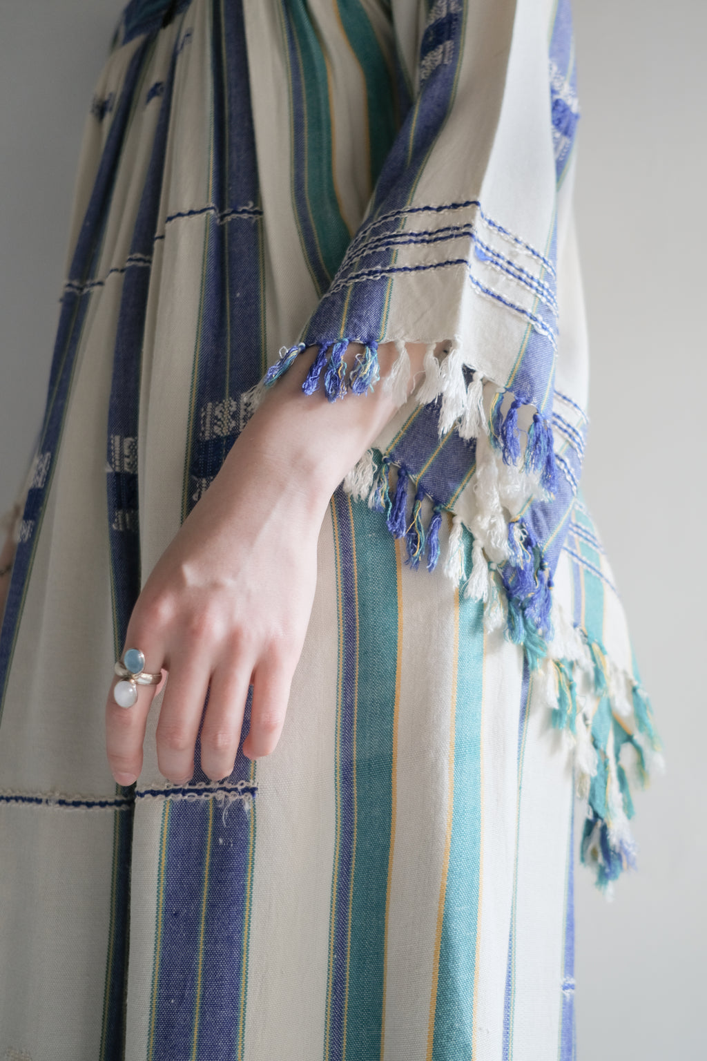 1970's Alpnani Rayon Woven Stripe Angel Sleeve Kaftan / 古著直織紋天使袖長袍