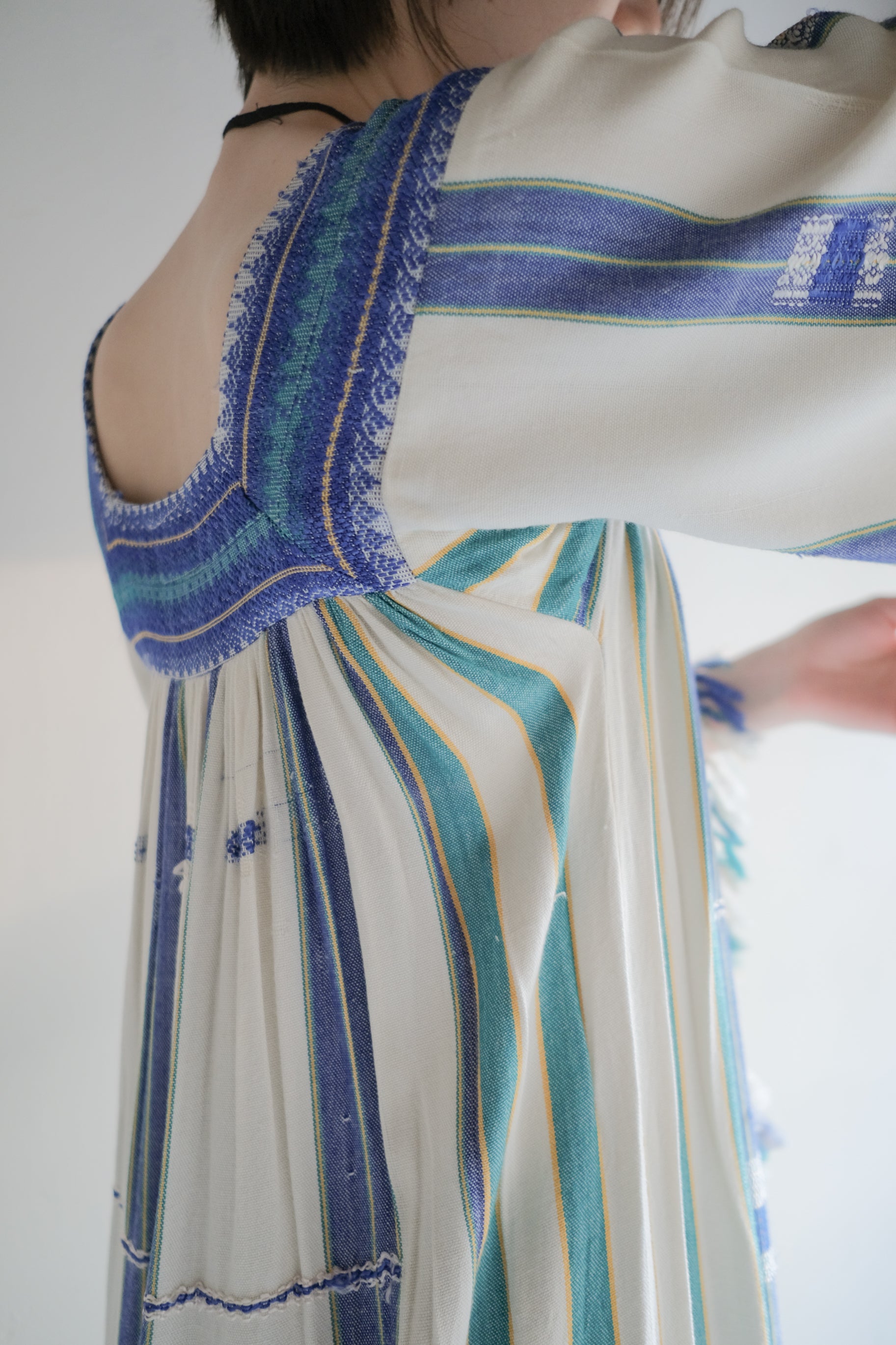 1970's Alpnani Rayon Woven Stripe Angel Sleeve Kaftan / 古著直織紋天使袖長袍