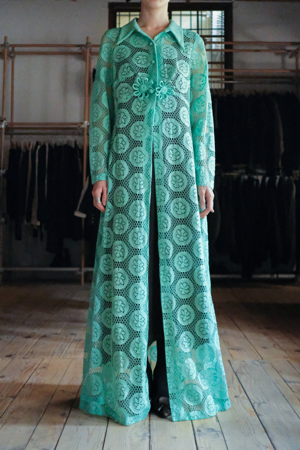 Vintage Lace Overall Dress / 綠松色蕾絲開襟長洋裝