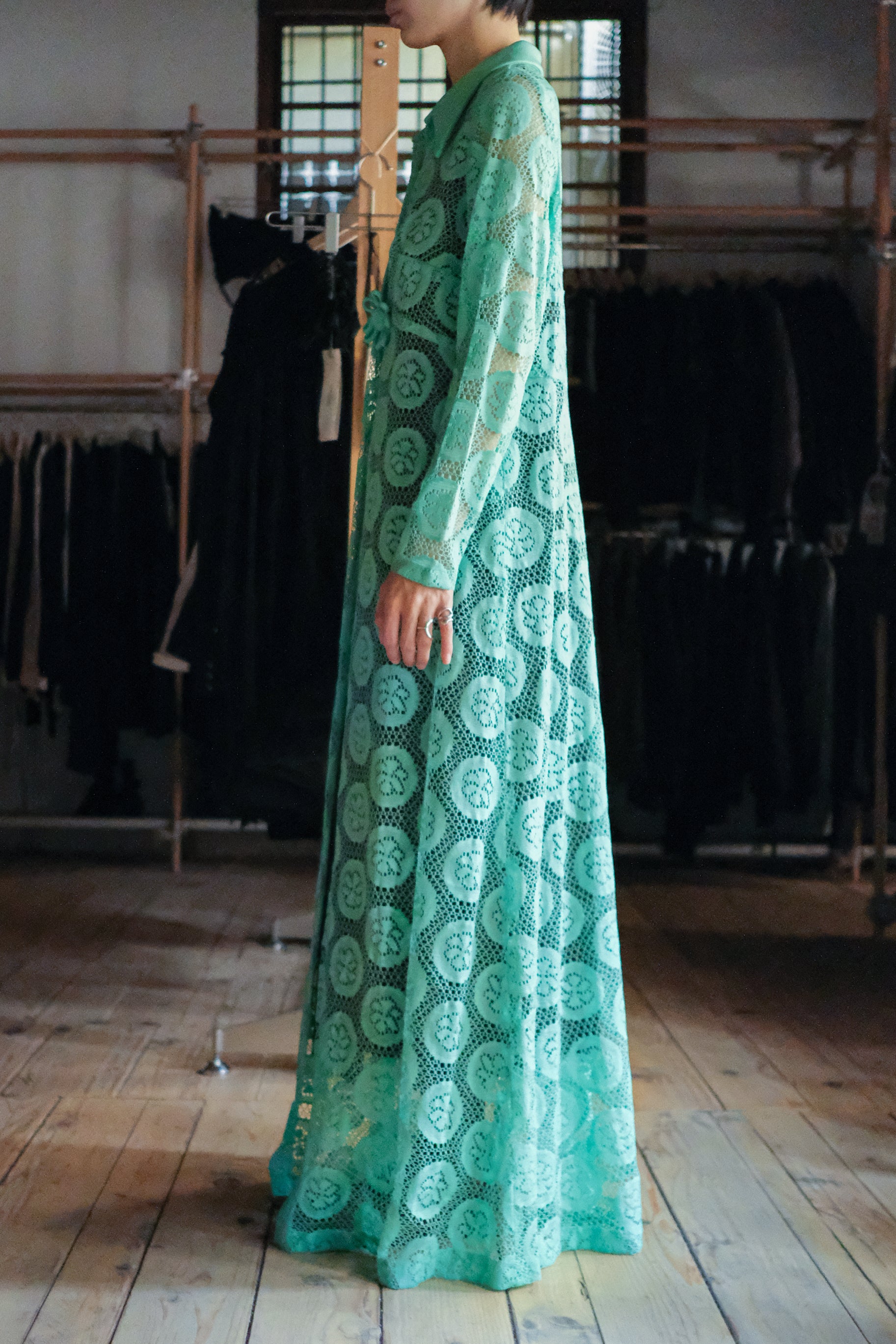 Vintage Lace Overall Dress / 綠松色蕾絲開襟長洋裝