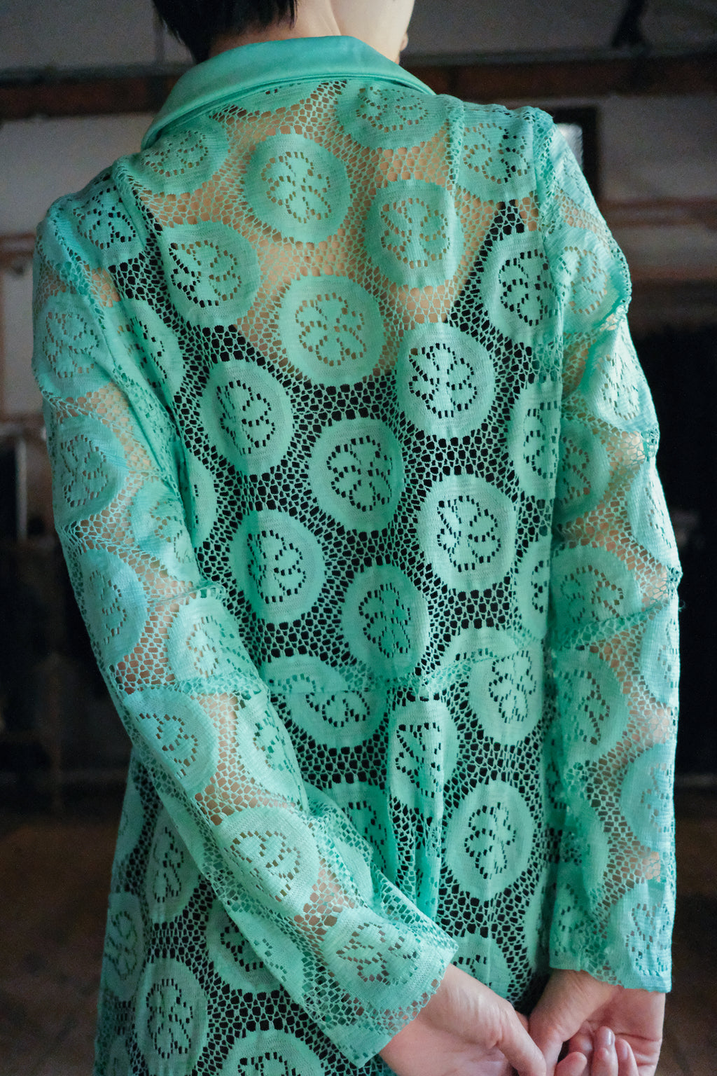 Vintage Lace Overall Dress / 綠松色蕾絲開襟長洋裝
