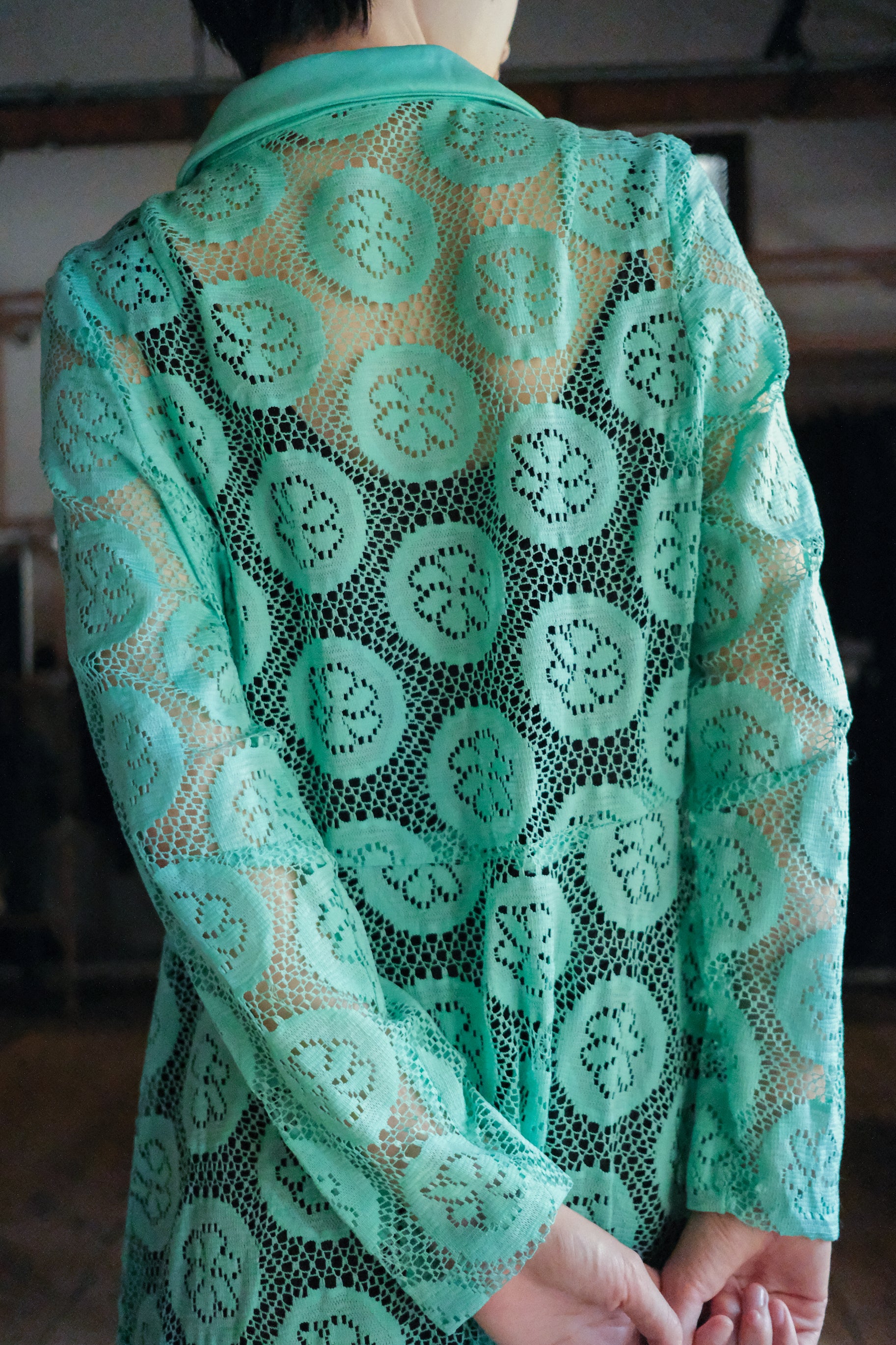 Vintage Lace Overall Dress / 綠松色蕾絲開襟長洋裝